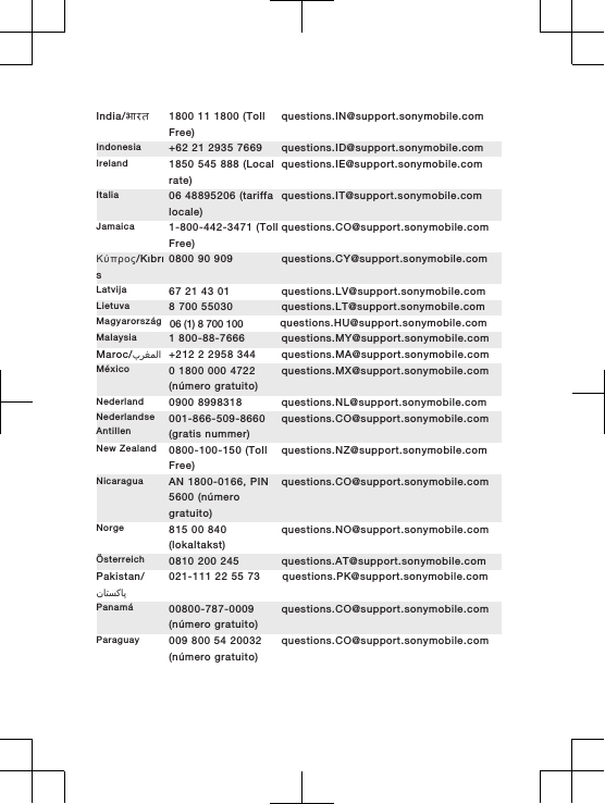 India/भारत 1800 11 1800 (Toll questions.IN@support.sonymobile.comFree)Indonesia +62 21 2935 7669 questions.ID@support.sonymobile.comIreland 1850 545 888 (Localrate)questions.IE@support.sonymobile.comItalia 06 48895206 (tariffalocale)questions.IT@support.sonymobile.comJamaica 1-800-442-3471 (TollFree)questions.CO@support.sonymobile.comΚύπρος/Kıbrıs0800 90 909 questions.CY@support.sonymobile.comLatvija 67 21 43 01 questions.LV@support.sonymobile.comLietuva 8 700 55030 questions.LT@support.sonymobile.comMagyarország   06 (1) 8 700 100 questions.HU@support.sonymobile.comMalaysia 1 800-88-7666 questions.MY@support.sonymobile.comMaroc/󰂏󰂱󰃅󰃀 +212 2 2958 344 questions.MA@support.sonymobile.comMéxico 0 1800 000 4722(número gratuito)questions.MX@support.sonymobile.comNederland 0900 8998318 questions.NL@support.sonymobile.comNederlandseAntillen001-866-509-8660(gratis nummer)questions.CO@support.sonymobile.comNew Zealand 0800-100-150 (TollFree)questions.NZ@support.sonymobile.comNicaragua AN 1800-0166, PIN5600 (númerogratuito)questions.CO@support.sonymobile.comNorge 815 00 840(lokaltakst)questions.NO@support.sonymobile.comÖsterreich 0810 200 245 questions.AT@support.sonymobile.comPakistan/󰁯󰁹󰂕󰁯021-111 22 55 73        questions.PK@support.sonymobile.comPanamá 00800-787-0009(número gratuito)questions.CO@support.sonymobile.comParaguay 009 800 54 20032(número gratuito)questions.CO@support.sonymobile.com