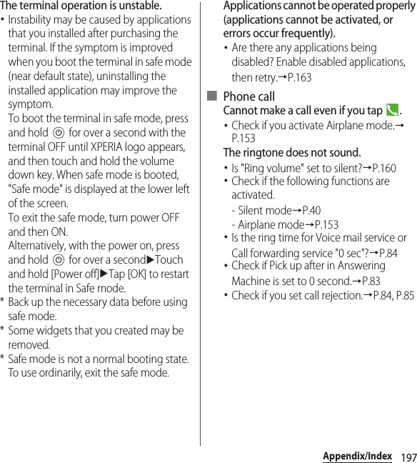 197Appendix/IndexThe terminal operation is unstable.･Instability may be caused by applications that you installed after purchasing the terminal. If the symptom is improved when you boot the terminal in safe mode (near default state), uninstalling the installed application may improve the symptom.To boot the terminal in safe mode, press and hold P for over a second with the terminal OFF until XPERIA logo appears, and then touch and hold the volume down key. When safe mode is booted, &quot;Safe mode&quot; is displayed at the lower left of the screen.To exit the safe mode, turn power OFF and then ON.Alternatively, with the power on, press and hold P for over a seconduTouch and hold [Power off]uTap [OK] to restart the terminal in Safe mode.* Back up the necessary data before using safe mode.* Some widgets that you created may be removed.* Safe mode is not a normal booting state. To use ordinarily, exit the safe mode.Applications cannot be operated properly (applications cannot be activated, or errors occur frequently).･Are there any applications being disabled? Enable disabled applications, then retry.→P.163■ Phone callCannot make a call even if you tap  .･Check if you activate Airplane mode.→P.153The ringtone does not sound.･Is &quot;Ring volume&quot; set to silent?→P.160･Check if the following functions are activated.-Silent mode→P.40- Airplane mode→P.153･Is the ring time for Voice mail service or Call forwarding service &quot;0 sec&quot;?→P.84･Check if Pick up after in Answering Machine is set to 0 second.→P.83･Check if you set call rejection.→P.84, P.85