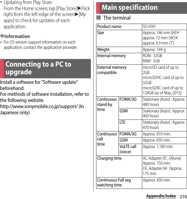 210Appendix/Index･Updating from Play StoreFrom the Home screen, tap [Play Store]uFlick right from the left edge of the screenu[My apps] to check for updates of each application.❖Information･For OS version support information on each application, contact the application provider.Install a software for &quot;Software update&quot; beforehand.For methods of software installation, refer to the following website.http://www.sonymobile.co.jp/support/ (In Japanese only)■ The terminalConnecting to a PC to upgradeMain specificationProduct nameSO-03HSizeApprox. 146 mm (H)uapprox. 72 mm (W)uapprox. 6.9 mm (T)WeightApprox. 144 gInternal memoryROM : 32GBRAM : 3GBExternal memory compatiblemicroSD card of up to 2GBmicroSDHC card of up to 32GBmicroSDXC card of up to 128GB (as of May, 2015)Continuous stand-bytimeFOMA/3GStationary (Auto) : Approx. 480 hoursGSMStationary (Auto) : Approx. 400 hoursLTEStationary (Auto) : Approx. 470 hoursContinuous calltimeFOMA/3GApprox. 810 min.GSMApprox. 650 min.VoLTE call (voice)Approx. 1,180 min.Charging timeAC Adapter 05 : (Alone) Approx. 150 min.DC Adapter 04 : Approx. 175 min.Continuous Full seg watching timeApprox. 430 min.
