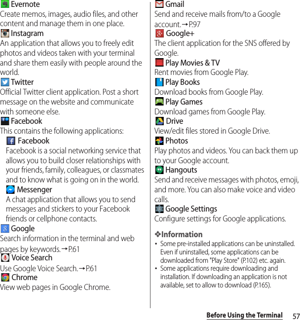 57Before Using the Terminal EvernoteCreate memos, images, audio files, and other content and manage them in one place. InstagramAn application that allows you to freely edit photos and videos taken with your terminal and share them easily with people around the world. TwitterOfficial Twitter client application. Post a short message on the website and communicate with someone else. FacebookThis contains the following applications: FacebookFacebook is a social networking service that allows you to build closer relationships with your friends, family, colleagues, or classmates and to know what is going on in the world. MessengerA chat application that allows you to send messages and stickers to your Facebook friends or cellphone contacts. GoogleSearch information in the terminal and web pages by keywords.→P. 6 1 Voice SearchUse Google Voice Search.→P. 6 1 ChromeView web pages in Google Chrome. GmailSend and receive mails from/to a Google account.→P. 9 7 Google+The client application for the SNS offered by Google. Play Movies &amp; TVRent movies from Google Play. Play BooksDownload books from Google Play. Play GamesDownload games from Google Play. DriveView/edit files stored in Google Drive. PhotosPlay photos and videos. You can back them up to your Google account. HangoutsSend and receive messages with photos, emoji, and more. You can also make voice and video calls. Google SettingsConfigure settings for Google applications.❖Information･Some pre-installed applications can be uninstalled. Even if uninstalled, some applications can be downloaded from &quot;Play Store&quot; (P.102) etc. again.･Some applications require downloading and installation. If downloading an application is not available, set to allow to download (P.165).