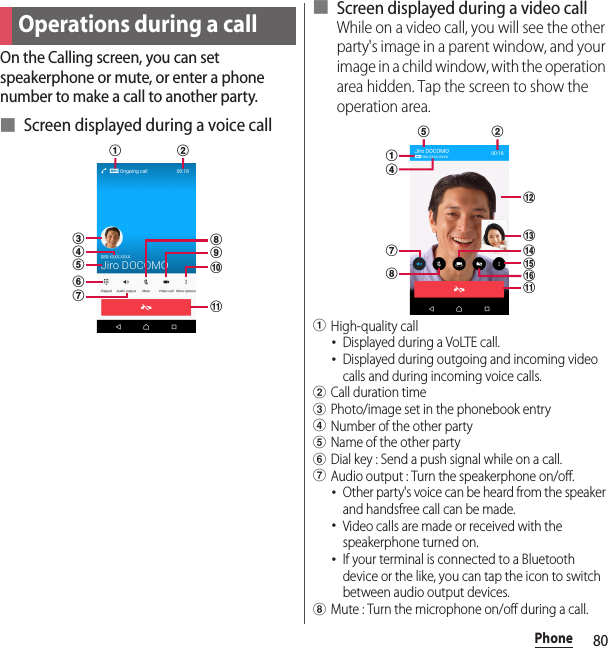 80PhoneOn the Calling screen, you can set speakerphone or mute, or enter a phone number to make a call to another party.■ Screen displayed during a voice call■ Screen displayed during a video callWhile on a video call, you will see the other party&apos;s image in a parent window, and your image in a child window, with the operation area hidden. Tap the screen to show the operation area.aHigh-quality call･Displayed during a VoLTE call.･Displayed during outgoing and incoming video calls and during incoming voice calls.bCall duration timecPhoto/image set in the phonebook entrydNumber of the other partyeName of the other partyfDial key : Send a push signal while on a call.gAudio output : Turn the speakerphone on/off.･Other party&apos;s voice can be heard from the speaker and handsfree call can be made.･Video calls are made or received with the speakerphone turned on.･If your terminal is connected to a Bluetooth device or the like, you can tap the icon to switch between audio output devices.hMute : Turn the microphone on/off during a call.Operations during a callkchijdegfa bkdopanlmghe b