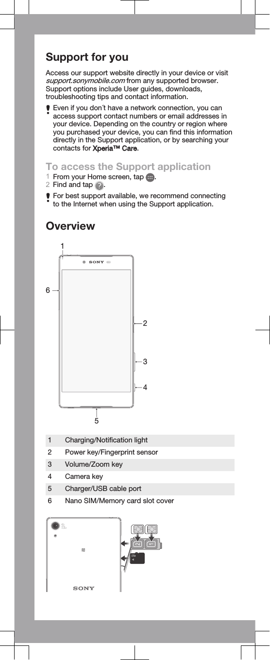 Support for youAccess our support website directly in your device or visitsupport.sonymobile.com from any supported browser.Support options include User guides, downloads,troubleshooting tips and contact information.Even if you don´t have a network connection, you canaccess support contact numbers or email addresses inyour device. Depending on the country or region whereyou purchased your device, you can find this informationdirectly in the Support application, or by searching yourcontacts for Xperia™ Care.To access the Support application1From your Home screen, tap  .2Find and tap  .For best support available, we recommend connectingto the Internet when using the Support application.Overview5123461 Charging/Notification light2 Power key/Fingerprint sensor3 Volume/Zoom key4 Camera key5 Charger/USB cable port6 Nano SIM/Memory card slot cover