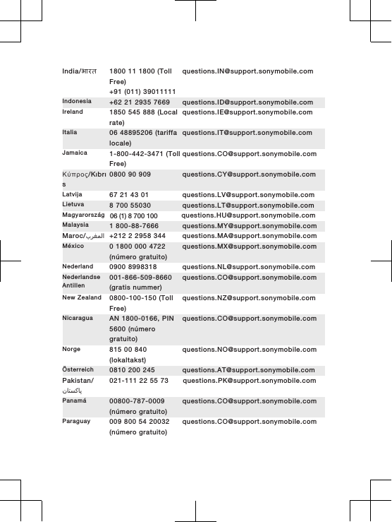 India/भारत 1800 11 1800 (TollFree)+91 (011) 39011111questions.IN@support.sonymobile.comIndonesia +62 21 2935 7669 questions.ID@support.sonymobile.comIreland 1850 545 888 (Localrate)questions.IE@support.sonymobile.comItalia 06 48895206 (tariffalocale)questions.IT@support.sonymobile.comJamaica 1-800-442-3471 (TollFree)questions.CO@support.sonymobile.comΚύπρος/Kıbrıs0800 90 909 questions.CY@support.sonymobile.comLatvija 67 21 43 01 questions.LV@support.sonymobile.comLietuva 8 700 55030 questions.LT@support.sonymobile.comMagyarország   06 (1) 8 700 100 questions.HU@support.sonymobile.comMalaysia 1 800-88-7666 questions.MY@support.sonymobile.comMaroc/󰂏󰂱󰃅󰃀 +212 2 2958 344 questions.MA@support.sonymobile.comMéxico 0 1800 000 4722(número gratuito)questions.MX@support.sonymobile.comNederland 0900 8998318 questions.NL@support.sonymobile.comNederlandseAntillen001-866-509-8660(gratis nummer)questions.CO@support.sonymobile.comNew Zealand 0800-100-150 (TollFree)questions.NZ@support.sonymobile.comNicaragua AN 1800-0166, PIN5600 (númerogratuito)questions.CO@support.sonymobile.comNorge 815 00 840(lokaltakst)questions.NO@support.sonymobile.comÖsterreich 0810 200 245 questions.AT@support.sonymobile.comPakistan/󰁯󰁹󰂕󰁯021-111 22 55 73        questions.PK@support.sonymobile.comPanamá 00800-787-0009(número gratuito)questions.CO@support.sonymobile.comParaguay 009 800 54 20032(número gratuito)questions.CO@support.sonymobile.com
