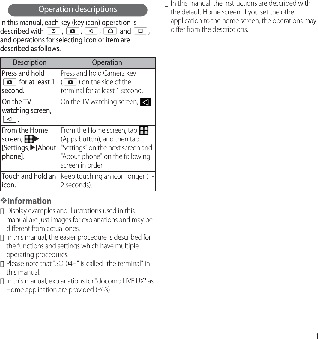 1Operation descriptionsIn this manual, each key (key icon) operation is described with O, k, b, h and n, and operations for selecting icon or item are described as follows.❖Information･Display examples and illustrations used in this manual are just images for explanations and may be different from actual ones.･In this manual, the easier procedure is described for the functions and settings which have multiple operating procedures.･Please note that &quot;SO-04H&quot; is called &quot;the terminal&quot; in this manual.･In this manual, explanations for &quot;docomo LIVE UX&quot; as Home application are provided (P.63).･In this manual, the instructions are described with the default Home screen. If you set the other application to the home screen, the operations may differ from the descriptions.Description OperationPress and hold k for at least 1 second.Press and hold Camera key (k) on the side of the terminal for at least 1 second.On the TV watching screen, b.On the TV watching screen,  .From the Home screen, u[Settings]u[About phone].From the Home screen, tap   (Apps button), and then tap &quot;Settings&quot; on the next screen and &quot;About phone&quot; on the following screen in order.Touch and hold an icon.Keep touching an icon longer (1-2 seconds).