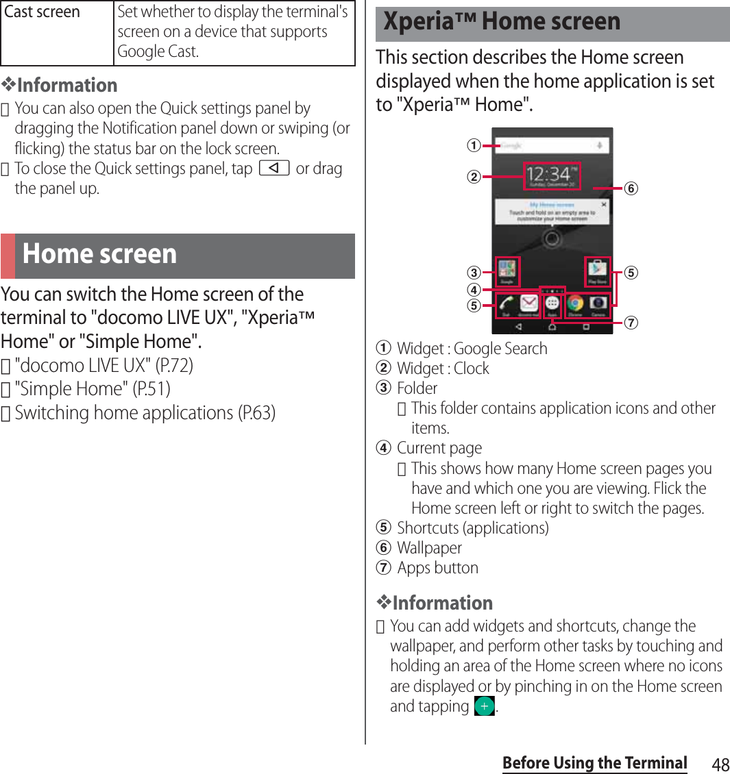 48Before Using the Terminal❖Information･You can also open the Quick settings panel by dragging the Notification panel down or swiping (or flicking) the status bar on the lock screen.･To close the Quick settings panel, tap b or drag the panel up.You can switch the Home screen of the terminal to &quot;docomo LIVE UX&quot;, &quot;Xperia™ Home&quot; or &quot;Simple Home&quot;.･&quot;docomo LIVE UX&quot; (P.72)･&quot;Simple Home&quot; (P.51)･Switching home applications (P.63)This section describes the Home screen displayed when the home application is set to &quot;Xperia™ Home&quot;.aWidget : Google SearchbWidget : ClockcFolder･This folder contains application icons and other items.dCurrent page･This shows how many Home screen pages you have and which one you are viewing. Flick the Home screen left or right to switch the pages.eShortcuts (applications)fWallpapergApps button❖Information･You can add widgets and shortcuts, change the wallpaper, and perform other tasks by touching and holding an area of the Home screen where no icons are displayed or by pinching in on the Home screen and tapping  .Cast screenSet whether to display the terminal&apos;s screen on a device that supports Google Cast.Home screenXperia™ Home screenabdegefc