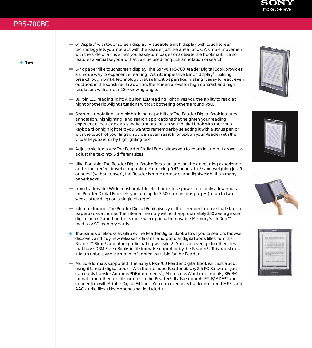 Page 1 of 2 - Sony PRS-700 User Manual Marketing Specifications PRS700BC Mksp