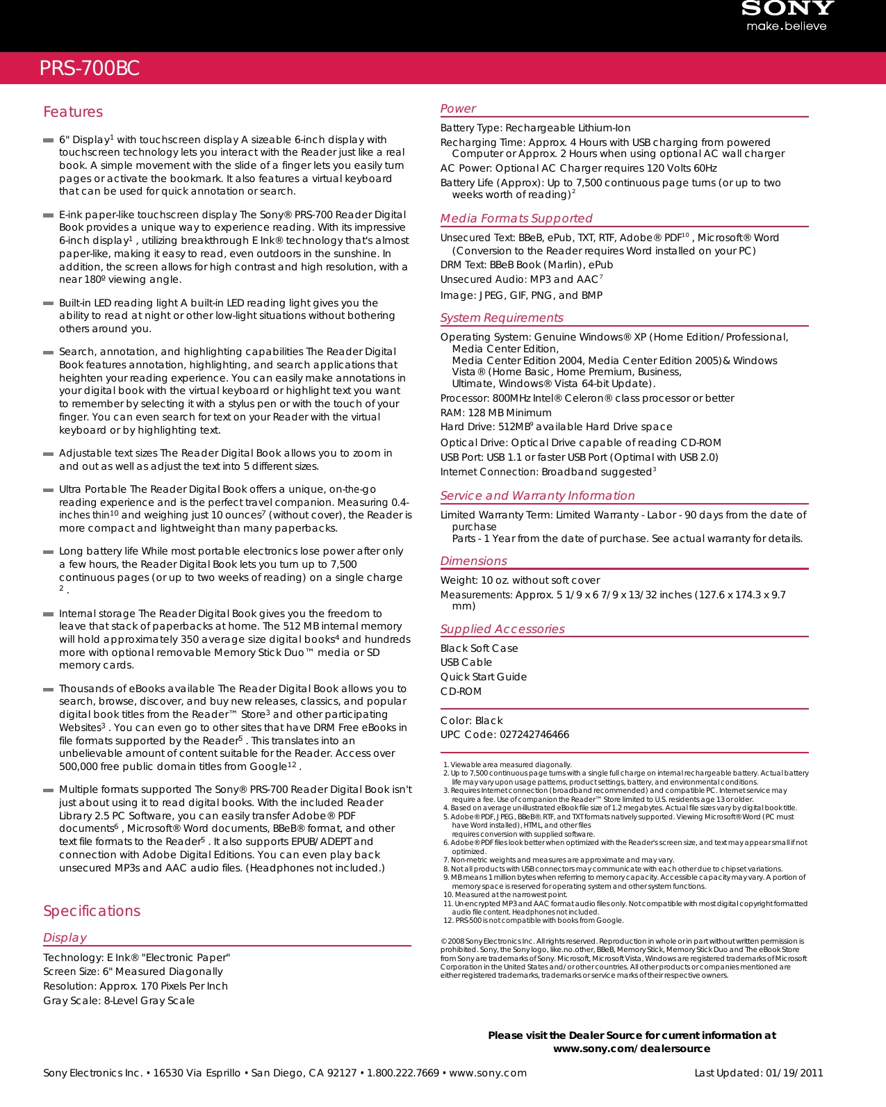 Page 2 of 2 - Sony PRS-700 User Manual Marketing Specifications PRS700BC Mksp