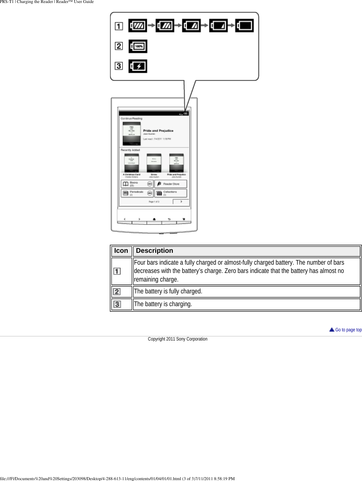 PRS-T1 | Charging the Reader | Reader&trade; User Guide Icon DescriptionFour bars indicate a fully charged or almost-fully charged battery. The number of bars decreases with the battery&rsquo;s charge. Zero bars indicate that the battery has almost no remaining charge.The battery is fully charged.The battery is charging.    Go to page topCopyright 2011 Sony Corporationfile:///F|/Documents%20and%20Settings/203098/Desktop/4-288-613-11/eng/contents/01/04/01/01.html (3 of 3)7/11/2011 8:58:19 PM