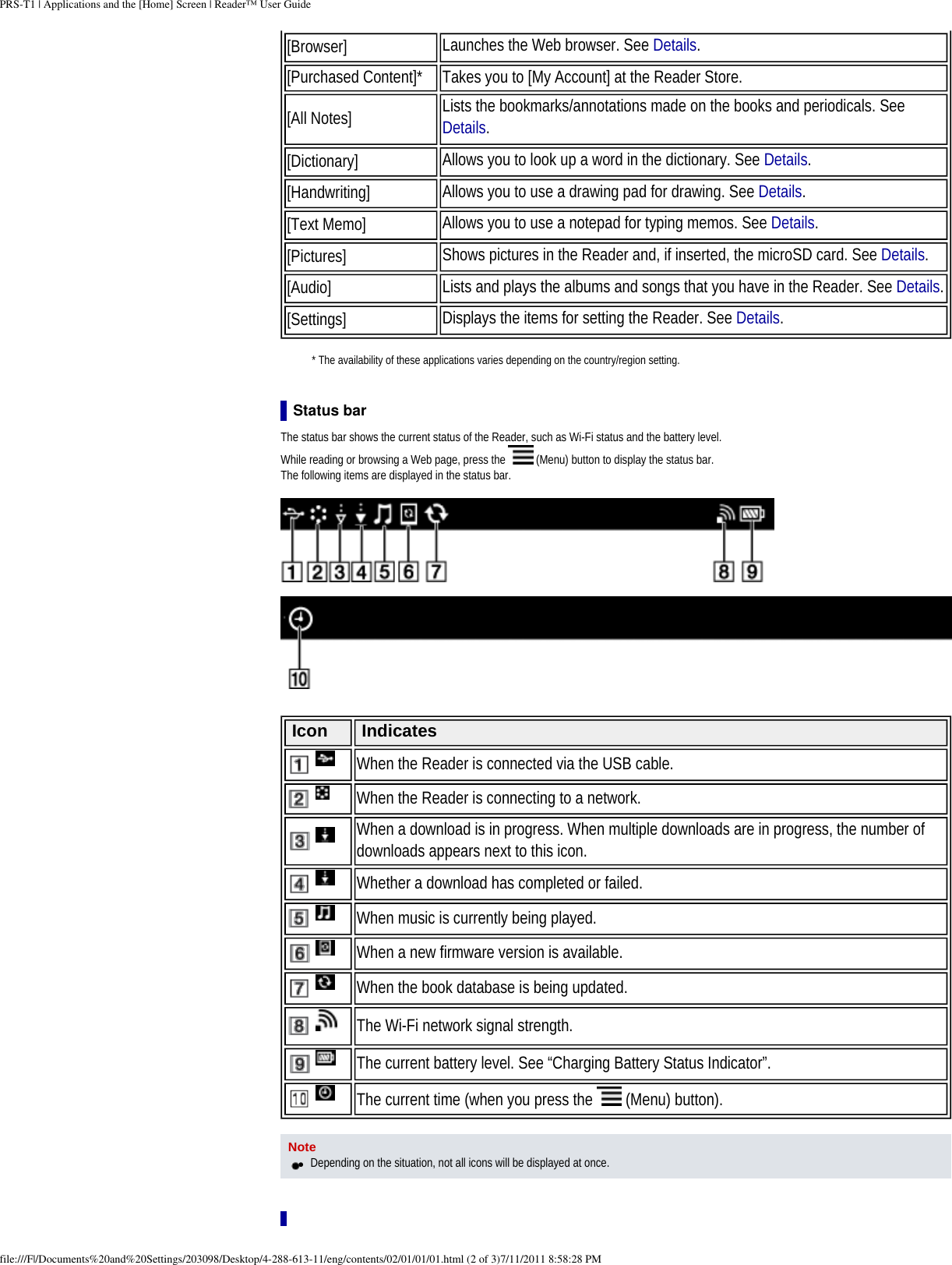 PRS-T1 | Applications and the [Home] Screen | Reader&trade; User Guide[Browser] Launches the Web browser. See Details.[Purchased Content]* Takes you to [My Account] at the Reader Store. [All Notes] Lists the bookmarks/annotations made on the books and periodicals. See Details.[Dictionary] Allows you to look up a word in the dictionary. See Details.[Handwriting] Allows you to use a drawing pad for drawing. See Details.[Text Memo] Allows you to use a notepad for typing memos. See Details.[Pictures] Shows pictures in the Reader and, if inserted, the microSD card. See Details.[Audio] Lists and plays the albums and songs that you have in the Reader. See Details.[Settings] Displays the items for setting the Reader. See Details. * The availability of these applications varies depending on the country/region setting.Status barThe status bar shows the current status of the Reader, such as Wi-Fi status and the battery level.While reading or browsing a Web page, press the   (Menu) button to display the status bar.The following items are displayed in the status bar. Icon  Indicates    When the Reader is connected via the USB cable.    When the Reader is connecting to a network.    When a download is in progress. When multiple downloads are in progress, the number of downloads appears next to this icon.    Whether a download has completed or failed. When music is currently being played. When a new firmware version is available. When the book database is being updated. The Wi-Fi network signal strength. The current battery level. See &ldquo;Charging Battery Status Indicator&rdquo;. The current time (when you press the   (Menu) button). Note●     Depending on the situation, not all icons will be displayed at once.file:///F|/Documents%20and%20Settings/203098/Desktop/4-288-613-11/eng/contents/02/01/01/01.html (2 of 3)7/11/2011 8:58:28 PM
