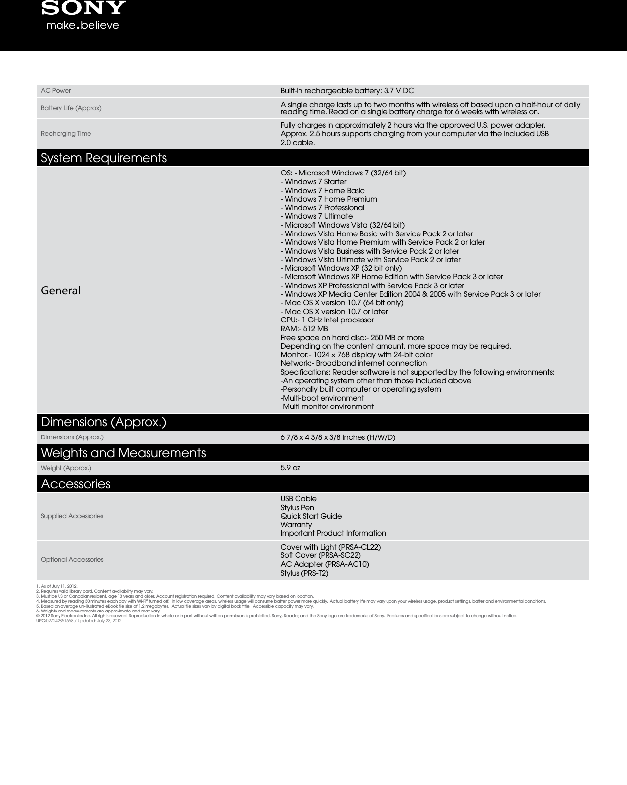 Page 2 of 2 - Sony PRS-T2 User Manual Marketing Specifications (Red) PRST2RC Mksp