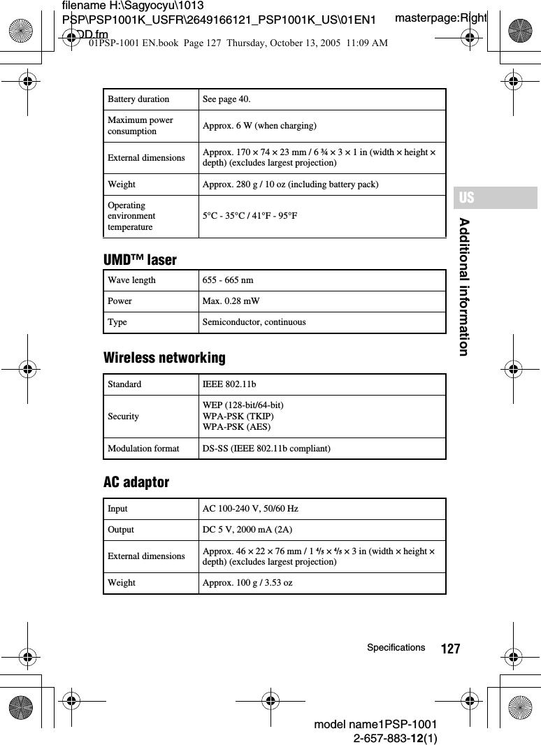 127Additional informationUSmodel name1PSP-10012-657-883-12(1)Specificationsmasterpage:Rightfilename H:\Sagyocyu\1013 PSP\PSP1001K_USFR\2649166121_PSP1001K_US\01EN14ADD.fmUMD&trade; laserWireless networkingAC adaptorBattery duration See page 40.Maximum power consumption Approx. 6 W (when charging)External dimensions Approx. 170 &times; 74 &times; 23 mm / 6 &frac34; &times; 3 &times; 1 in (width &times; height &times; depth) (excludes largest projection)Weight Approx. 280 g / 10 oz (including battery pack)Operating environment temperature5&deg;C - 35&deg;C / 41&deg;F - 95&deg;FWave length 655 - 665 nmPower Max. 0.28 mWType Semiconductor, continuousStandard IEEE 802.11bSecurityWEP (128-bit/64-bit)WPA-PSK (TKIP)WPA-PSK (AES)Modulation format DS-SS (IEEE 802.11b compliant)Input AC 100-240 V, 50/60 HzOutput DC 5 V, 2000 mA (2A)External dimensions Approx. 46 &times; 22 &times; 76 mm / 1 4/5 &times; 4/5 &times; 3 in (width &times; height &times; depth) (excludes largest projection)Weight Approx. 100 g / 3.53 oz01PSP-1001 EN.book  Page 127  Thursday, October 13, 2005  11:09 AM