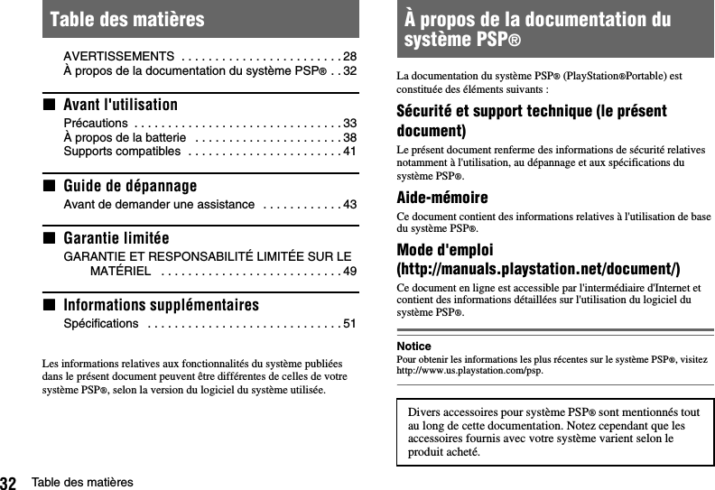 32 Table des matièresAVERTISSEMENTS  . . . . . . . . . . . . . . . . . . . . . . . . 28À propos de la documentation du système PSP® . . 32xAvant l&apos;utilisationPrécautions  . . . . . . . . . . . . . . . . . . . . . . . . . . . . . . . 33À propos de la batterie   . . . . . . . . . . . . . . . . . . . . . . 38Supports compatibles  . . . . . . . . . . . . . . . . . . . . . . . 41xGuide de dépannageAvant de demander une assistance   . . . . . . . . . . . . 43xGarantie limitéeGARANTIE ET RESPONSABILITÉ LIMITÉE SUR LE MATÉRIEL   . . . . . . . . . . . . . . . . . . . . . . . . . . . 49xInformations supplémentairesSpécifications   . . . . . . . . . . . . . . . . . . . . . . . . . . . . . 51Les informations relatives aux fonctionnalités du système publiées dans le présent document peuvent être différentes de celles de votre système PSP®, selon la version du logiciel du système utilisée.La documentation du système PSP® (PlayStation®Portable) est constituée des éléments suivants :Sécurité et support technique (le présent document)Le présent document renferme des informations de sécurité relatives notamment à l&apos;utilisation, au dépannage et aux spécifications du système PSP®.Aide-mémoireCe document contient des informations relatives à l&apos;utilisation de base du système PSP®.Mode d&apos;emploi(http://manuals.playstation.net/document/)Ce document en ligne est accessible par l&apos;intermédiaire d&apos;Internet et contient des informations détaillées sur l&apos;utilisation du logiciel du système PSP®.NoticePour obtenir les informations les plus récentes sur le système PSP®, visitez http://www.us.playstation.com/psp.Table des matières À propos de la documentation du système PSP®Divers accessoires pour système PSP® sont mentionnés tout au long de cette documentation. Notez cependant que les accessoires fournis avec votre système varient selon le produit acheté.