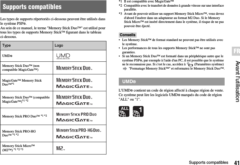 41Supports compatiblesAvant l&apos;utilisationFRLes types de supports répertoriés ci-dessous peuvent être utilisés dans le système PSP®.Au sein de ce manuel, le terme &quot;Memory Stick Duo™&quot; est utilisé pour tous les types de supports Memory Stick™ figurant dans le tableau ci-dessous.*1 Il est compatible avec MagicGate™*2 Compatible avec le transfert de données à grande vitesse sur une interface parallèle.*3 Avant de pouvoir utiliser un support Memory Stick Micro™, vous devez d&apos;abord l&apos;insérer dans un adaptateur au format M2 Duo. Si le Memory Stick Micro™ est inséré directement dans le système, il risque de ne pas pouvoir être éjecté.Conseils• Les Memory Stick™ de format standard ne peuvent pas être utilisés avec le système.• Les performances de tous les supports Memory Stick™ ne sont pas garanties.• Si un Memory Stick Duo™ est formaté dans un périphérique autre que le système PSP®, par exemple à l&apos;aide d&apos;un PC, il est possible que le système ne le reconnaisse pas. Si c&apos;est le cas, accédez à   (Paramètres système)  &quot;Formatage Memory Stick™&quot; et reformatez le Memory Stick Duo™.L&apos;UMD® contient un code de région affecté à chaque région de vente. Ce système peut lire les logiciels UMD® marqués du code de région &quot;ALL&quot; ou &quot;1&quot;.Supports compatiblesType LogoUMD®Memory Stick Duo™ (non compatible MagicGate™)MagicGate™ Memory Stick Duo™*1 Memory Stick Duo™ (compatible MagicGate™)*1 *2Memory Stick PRO Duo™ *1 *2Memory Stick PRO-HG  Duo™ *1 *2Memory Stick Micro™ (M2™) *1 *2 *3UMD®