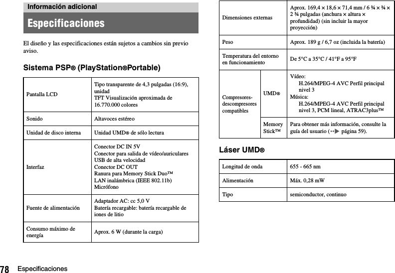 78 EspecificacionesEl diseño y las especificaciones están sujetos a cambios sin previo aviso.Sistema PSP® (PlayStation®Portable)Láser UMD®Información adicionalEspecificacionesPantalla LCDTipo transparente de 4,3 pulgadas (16:9), unidad TFT Visualización aproximada de 16.770.000 coloresSonido Altavoces estéreoUnidad de disco interna Unidad UMD® de sólo lecturaInterfazConector DC IN 5VConector para salida de vídeo/auricularesUSB de alta velocidad Conector DC OUTRanura para Memory Stick Duo™LAN inalámbrica (IEEE 802.11b)MicrófonoFuente de alimentaciónAdaptador AC: cc 5,0 VBatería recargable: batería recargable de iones de litioConsumo máximo de energía Aprox. 6 W (durante la carga)Dimensiones externasAprox. 169,4 × 18,6 × 71,4 mm / 6 ¾ × ¾ × 2 ¾ pulgadas (anchura × altura × profundidad) (sin incluir la mayor proyección)Peso Aprox. 189 g / 6,7 oz (incluida la batería)Temperatura del entorno en funcionamiento De 5°C a 35°C / 41°F a 95°FCompresores-descompresores compatiblesUMD®Vídeo:H.264/MPEG-4 AVC Perfil principalnivel 3Música:H.264/MPEG-4 AVC Perfil principalnivel 3, PCM lineal, ATRAC3plus™Memory Stick™Para obtener más información, consulte la guía del usuario (  página 59).Longitud de onda 655 - 665 nmAlimentación Máx. 0,28 mWTipo semiconductor, continuo