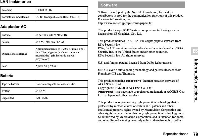 79EspecificacionesInformación adicionalESLAN inalámbricaAdaptador ACBateríaSoftware developed by the NetBSD Foundation, Inc. and its contributors is used for the communication functions of this product. For more information, seehttp://www.scei.co.jp/psp-license/pspnet.txtThis product adopts S3TC texture compression technology under license from S3 Graphics, Co., Ltd.This product includes RSA BSAFE® Cryptographic software from RSA Security Inc.RSA, BSAFE are either registered trademarks or trademarks of RSA Security Inc. in the United States and/or other countries.RSA Security Inc. All rights reserved.U.S. and foreign patents licensed from Dolby Laboratories.MPEG Layer-3 audio coding technology and patents licensed from Fraunhofer IIS and Thomson.This product contains   Internet browser software of ACCESS Co., Ltd.Copyright © 1996-2008 ACCESS Co., Ltd. is a trademark or registered trademark of ACCESS Co., Ltd. in  Japan and other countries.This product incorporates copyright protection technology that is protected by method claims of certain U.S. patents and other intellectual property rights owned by Macrovision Corporation and other rights owners. Use of this copyright protection technology must be authorized by Macrovision Corporation, and is intended for home and other limited viewing uses only unless otherwise authorized by Estándar IEEE 802.11bFormato de modulación DS-SS (compatible con IEEE 802.11b)Entrada ca de 100 a 240 V 50/60 HzSalida cc 5 V, 1500 mA (1,5 A)Dimensiones externasAproximadamente 46 × 22 × 61 mm / 1 4/5 × 4/5 × 22/5 pulgadas (anchura × altura × profundidad) (sin incluir la mayor proyección)Peso Aprox. 57 g / 2 ozTipo de batería Batería recargable de iones de litioVoltaje cc 3,6 VCapacidad 1200 mAhSoftware