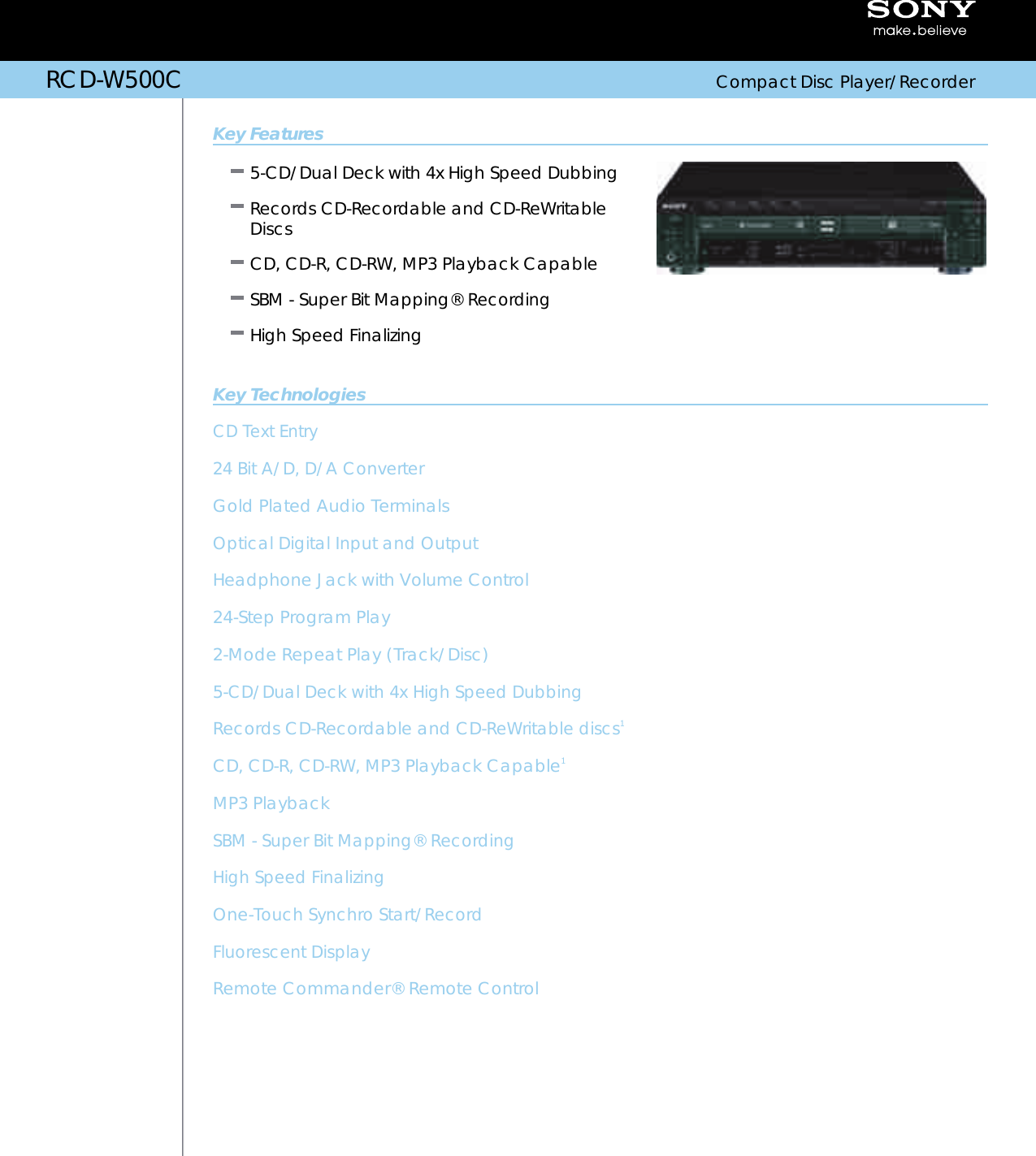 Page 1 of 2 - Sony RCD-W500C User Manual Marketing Specifications RCDW500C Mksp