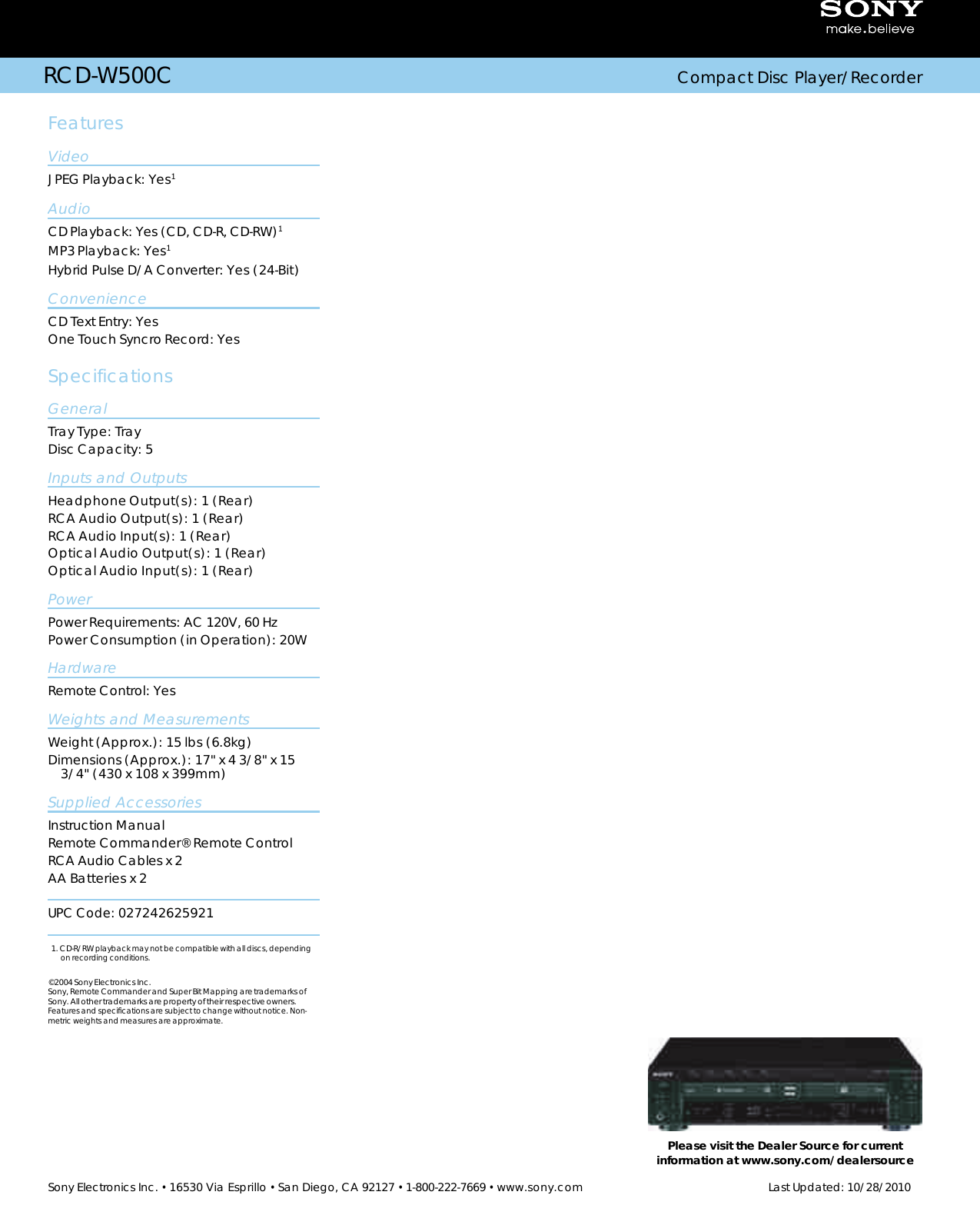 Page 2 of 2 - Sony RCD-W500C User Manual Marketing Specifications RCDW500C Mksp