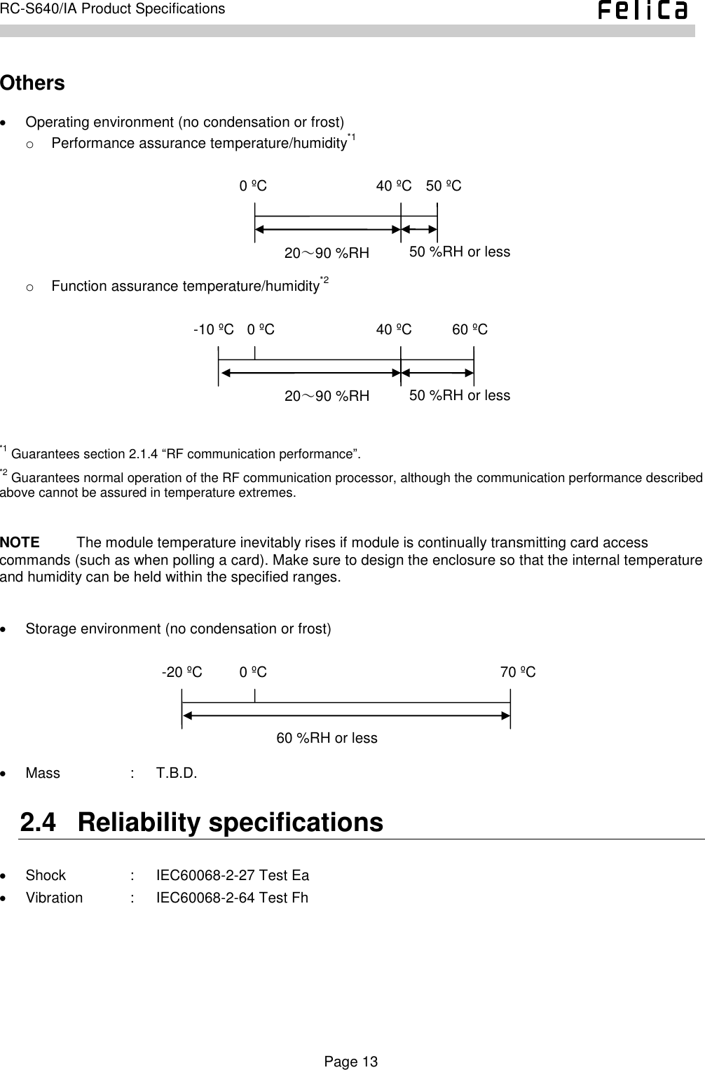    Page 13     RC-S640/IA Product Specifications    Others   Operating environment (no condensation or frost) o  Performance assurance temperature/humidity*1   o  Function assurance temperature/humidity*2    *1 Guarantees section 2.1.4 “RF communication performance”. *2 Guarantees normal operation of the RF communication processor, although the communication performance described above cannot be assured in temperature extremes.  NOTE          The module temperature inevitably rises if module is continually transmitting card access commands (such as when polling a card). Make sure to design the enclosure so that the internal temperature and humidity can be held within the specified ranges.    Storage environment (no condensation or frost)       Mass      :  T.B.D. 2.4   Reliability specifications   Shock      :  IEC60068-2-27 Test Ea   Vibration    :  IEC60068-2-64 Test Fh 0 ºC 70 ºC 60 %RH or less -20 ºC 0 ºC 60 ºC 20～90 %RH -10 ºC 50 %RH or less 40 ºC 0 ºC 50 ºC 20～90 %RH 50 %RH or less 40 ºC 