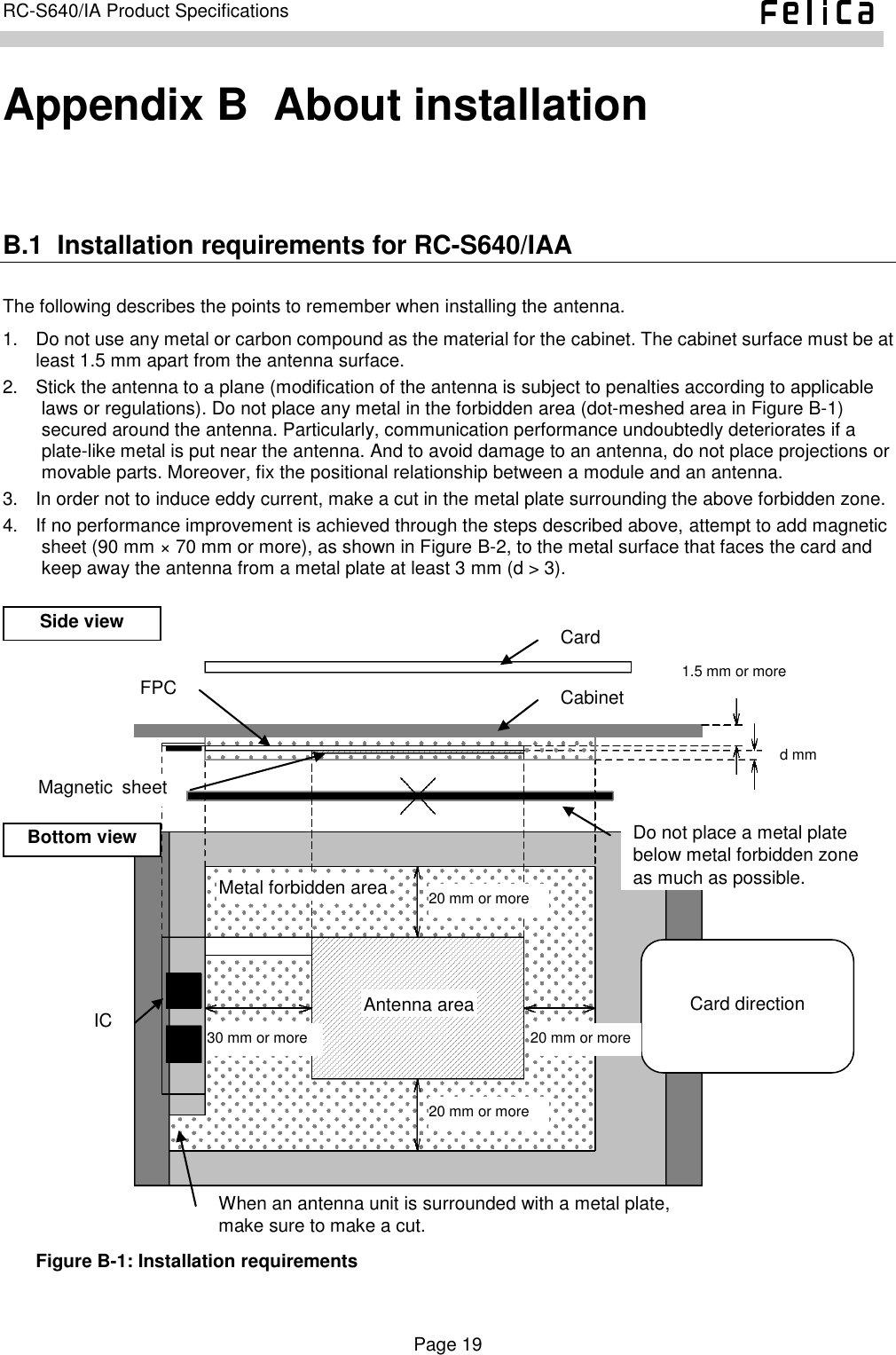    Page 19     RC-S640/IA Product Specifications    Appendix B  About installation B.1  Installation requirements for RC-S640/IAA The following describes the points to remember when installing the antenna. 1.  Do not use any metal or carbon compound as the material for the cabinet. The cabinet surface must be at least 1.5 mm apart from the antenna surface. 2.  Stick the antenna to a plane (modification of the antenna is subject to penalties according to applicable laws or regulations). Do not place any metal in the forbidden area (dot-meshed area in Figure B-1) secured around the antenna. Particularly, communication performance undoubtedly deteriorates if a plate-like metal is put near the antenna. And to avoid damage to an antenna, do not place projections or movable parts. Moreover, fix the positional relationship between a module and an antenna. 3.  In order not to induce eddy current, make a cut in the metal plate surrounding the above forbidden zone. 4.  If no performance improvement is achieved through the steps described above, attempt to add magnetic sheet (90 mm × 70 mm or more), as shown in Figure B-2, to the metal surface that faces the card and keep away the antenna from a metal plate at least 3 mm (d &gt; 3).   Figure B-1: Installation requirements Side view Bottom view Metal forbidden area 1.5 mm or more Antenna area Card direction Card Cabinet FPC When an antenna unit is surrounded with a metal plate, make sure to make a cut. IC d mm Do not place a metal plate below metal forbidden zone as much as possible. 20 mm or more 20 mm or more 30 mm or more 20 mm or more Magnetic  sheet 