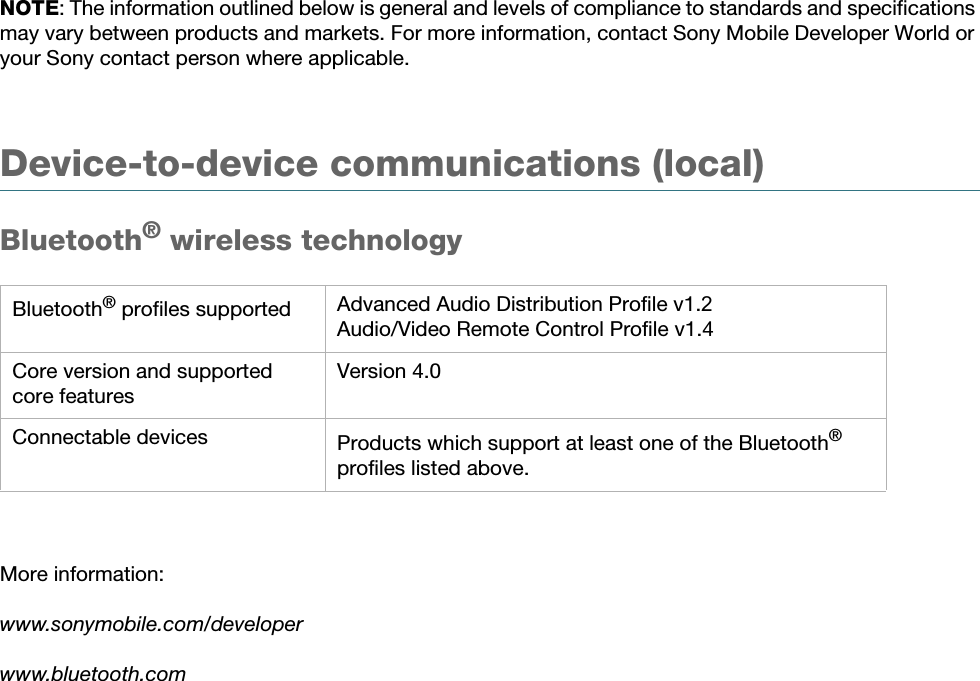 White paper | SWR505 August 2014Technologies in detailNOTE: The information outlined below is general and levels of compliance to standards and specifications may vary between products and markets. For more information, contact Sony Mobile Developer World or your Sony contact person where applicable.Device-to-device communications (local) Bluetooth® wireless technologyMore information:www.sonymobile.com/developerwww.bluetooth.comBluetooth® profiles supported Advanced Audio Distribution Profile v1.2Audio/Video Remote Control Profile v1.4Core version and supported core featuresVersion 4.0Connectable devices Products which support at least one of the Bluetooth® profiles listed above.