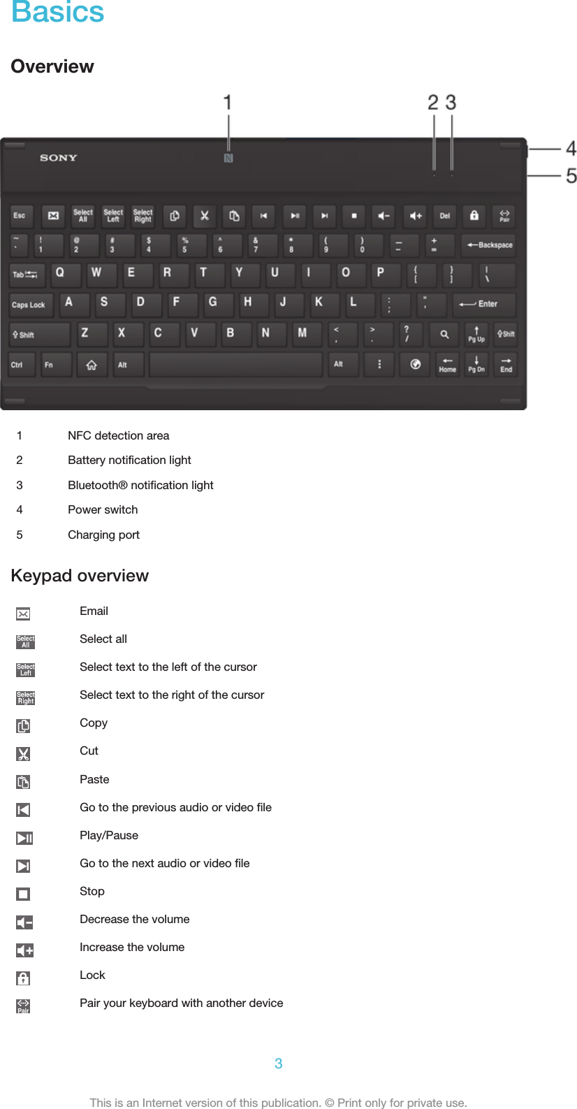 BasicsOverview1 NFC detection area2 Battery notification light3 Bluetooth® notification light4 Power switch5 Charging portKeypad overviewEmailSelect allSelect text to the left of the cursorSelect text to the right of the cursorCopyCutPasteGo to the previous audio or video filePlay/PauseGo to the next audio or video fileStopDecrease the volumeIncrease the volumeLockPair your keyboard with another device3This is an Internet version of this publication. © Print only for private use.