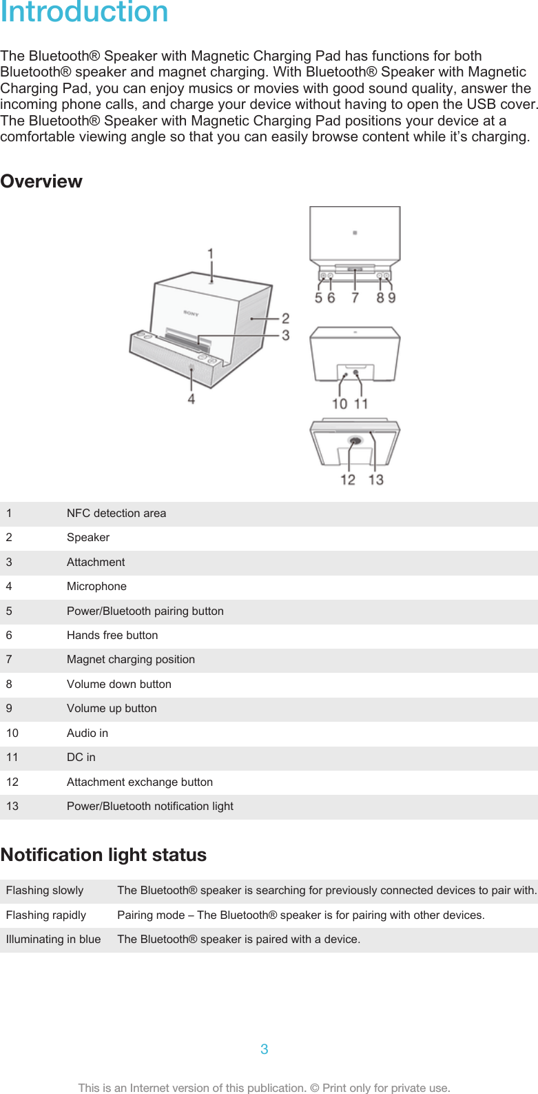 IntroductionThe Bluetooth® Speaker with Magnetic Charging Pad has functions for bothBluetooth® speaker and magnet charging. With Bluetooth® Speaker with MagneticCharging Pad, you can enjoy musics or movies with good sound quality, answer theincoming phone calls, and charge your device without having to open the USB cover.The Bluetooth® Speaker with Magnetic Charging Pad positions your device at acomfortable viewing angle so that you can easily browse content while it’s charging.Overview1 NFC detection area2 Speaker3 Attachment4 Microphone5 Power/Bluetooth pairing button6 Hands free button7 Magnet charging position8 Volume down button9 Volume up button10 Audio in11 DC in12 Attachment exchange button13 Power/Bluetooth notification lightNotification light statusFlashing slowly The Bluetooth® speaker is searching for previously connected devices to pair with.Flashing rapidly Pairing mode – The Bluetooth® speaker is for pairing with other devices.Illuminating in blue The Bluetooth® speaker is paired with a device.3This is an Internet version of this publication. © Print only for private use.