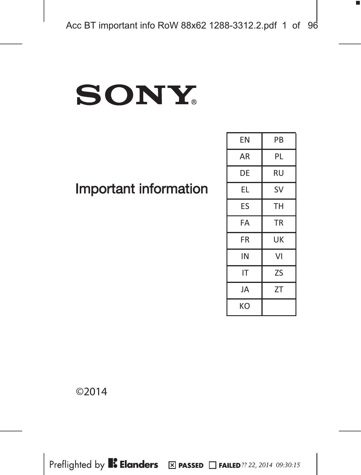 ©2014,PSRUWDQWLQIRUPDWLRQEN PBAR PLDE RUEL SVES THFA TRFR UKIN VIIT ZSJA ZTKO?? 22, 2014  09:30:15Acc BT important info RoW 88x62 1288-3312.2.pdf  1  of   96