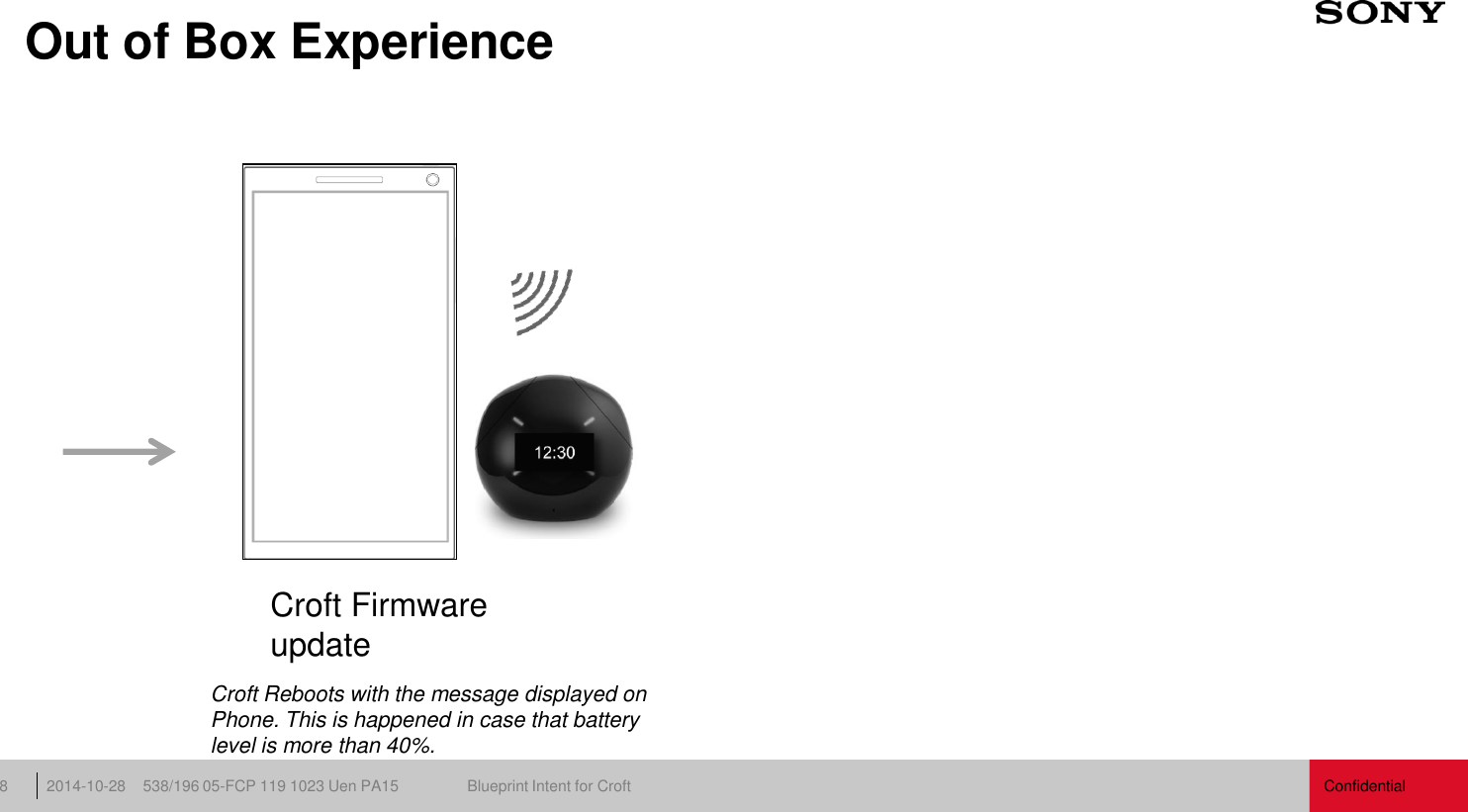 Confidential 538/196 05-FCP 119 1023 Uen PA15  Blueprint Intent for Croft 2014-10-28 8 Out of Box Experience Croft Firmware update Croft Reboots with the message displayed on Phone. This is happened in case that battery level is more than 40%. 