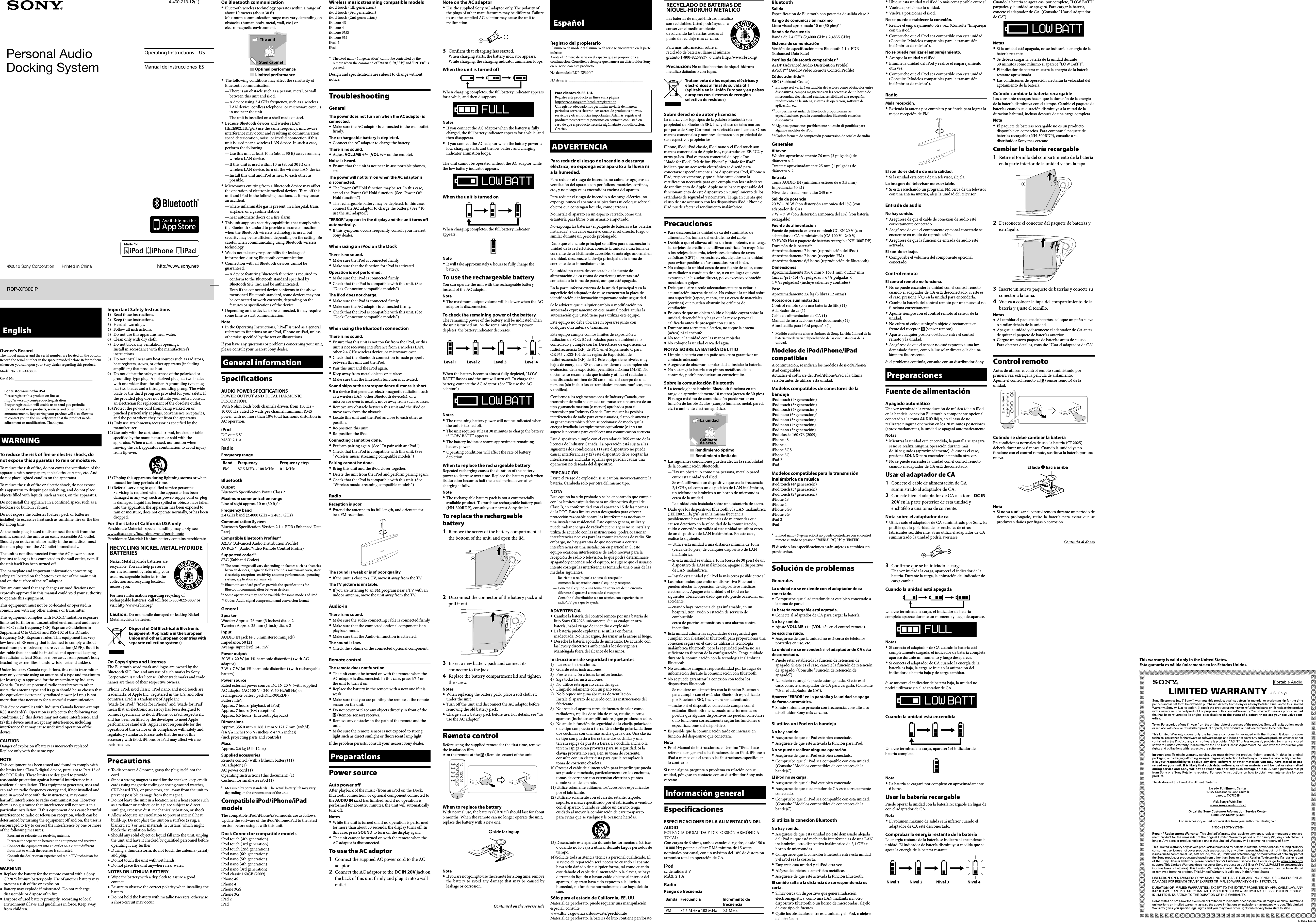 Page 1 of 2 - Sony RDP-XF300iP User Manual Operating Instructions RDPXF300IP EN ES