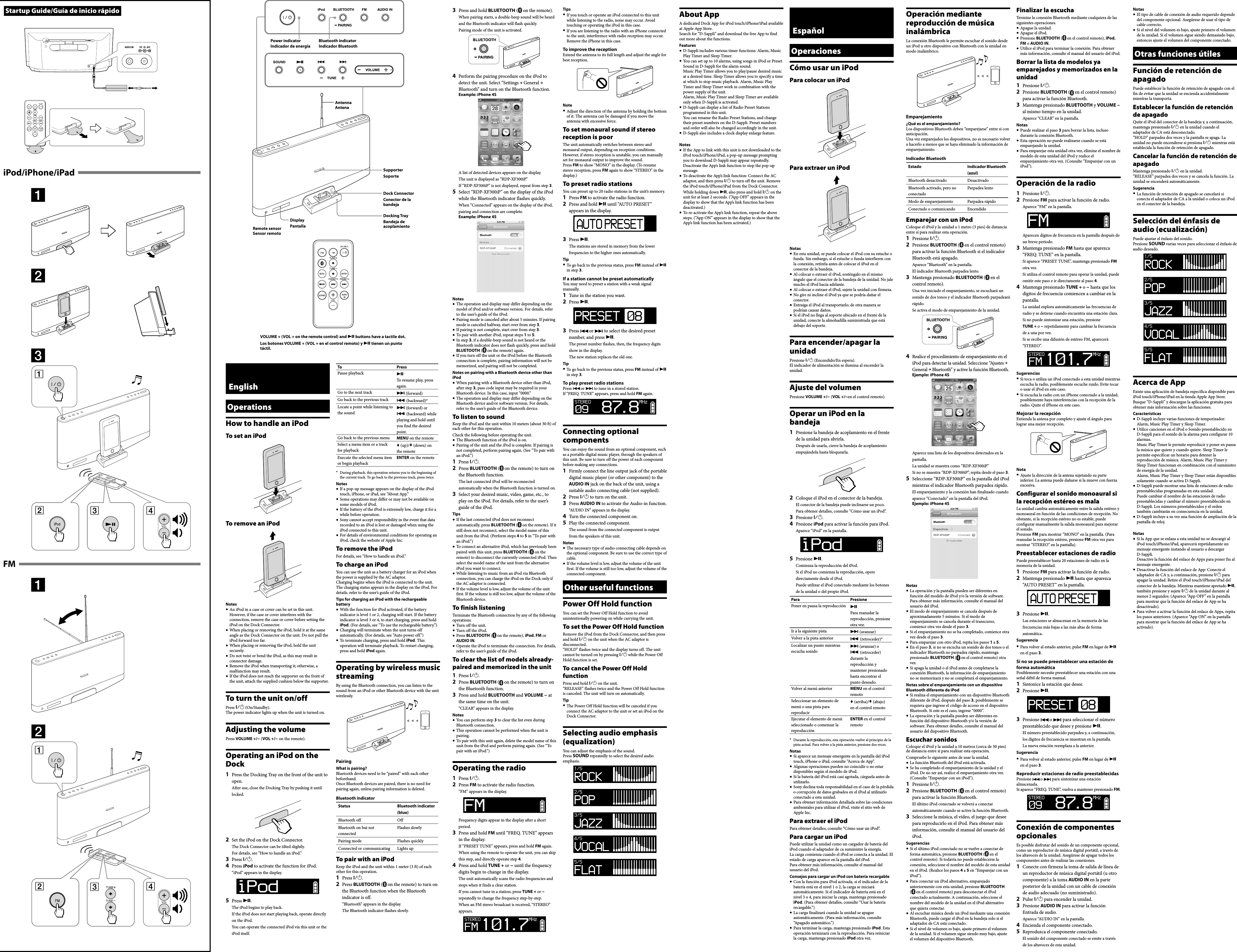 Page 2 of 2 - Sony RDP-XF300iP User Manual Operating Instructions RDPXF300IP EN ES