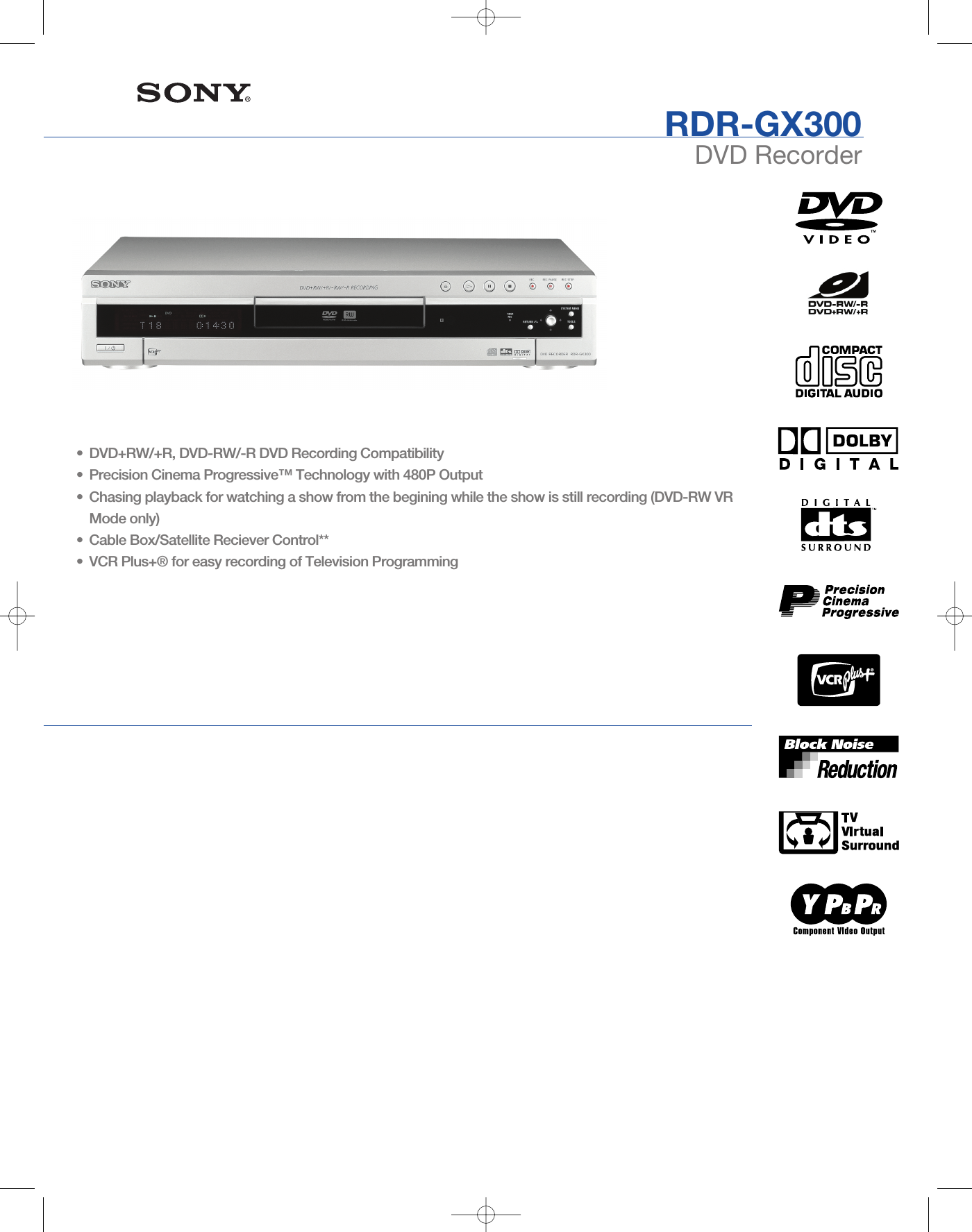 Page 1 of 2 - Sony RDR-GX300 User Manual Marketing Specifications RDRGX300 Mksp