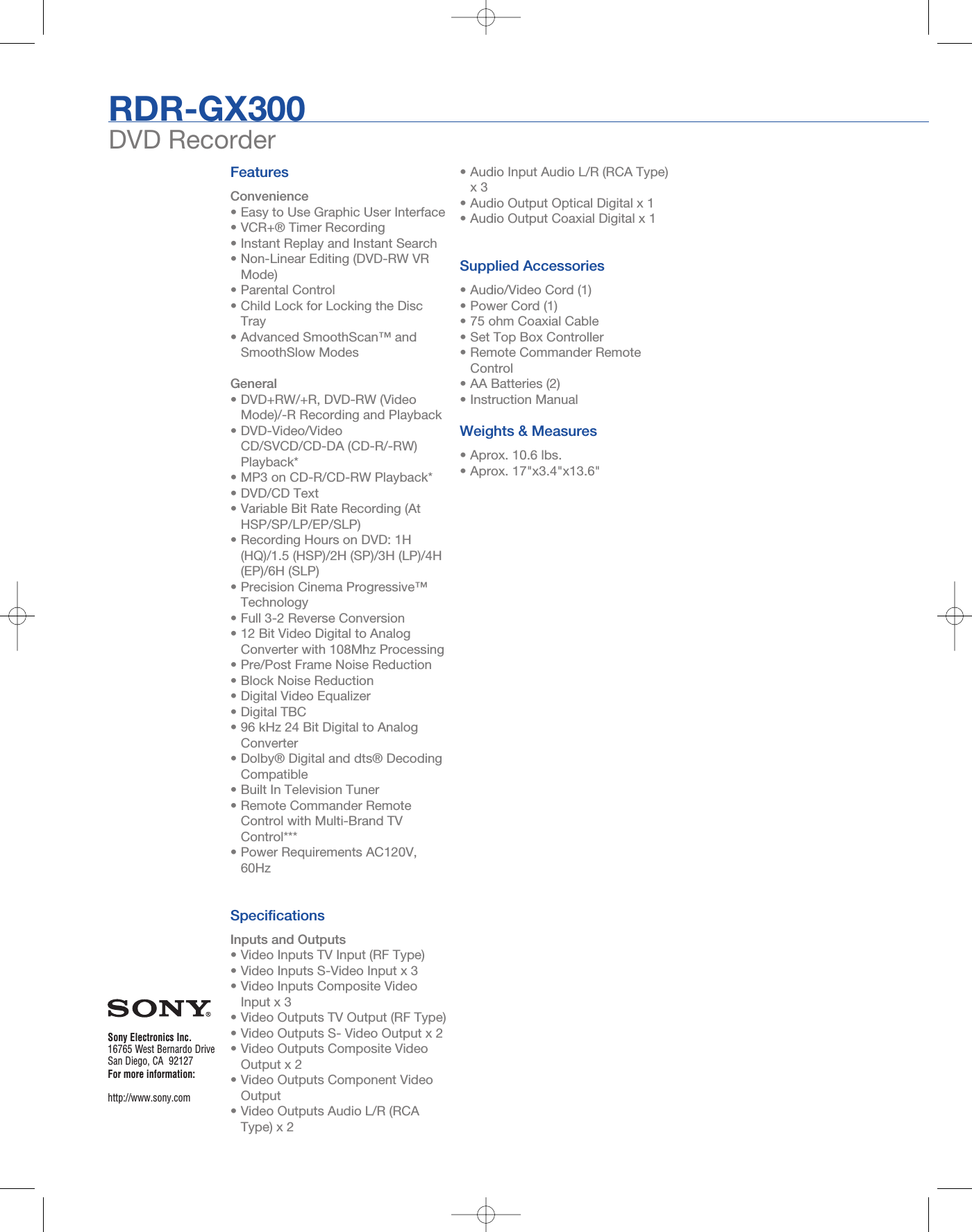 Page 2 of 2 - Sony RDR-GX300 User Manual Marketing Specifications RDRGX300 Mksp