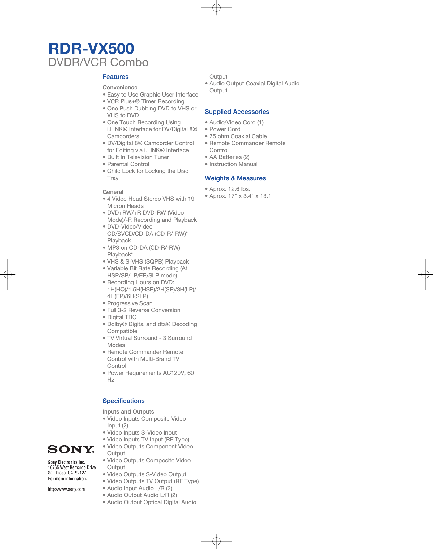 Page 2 of 2 - Sony RDR-VX500 User Manual Marketing Specifications (RDRVX500) RDRVX500 Mksp