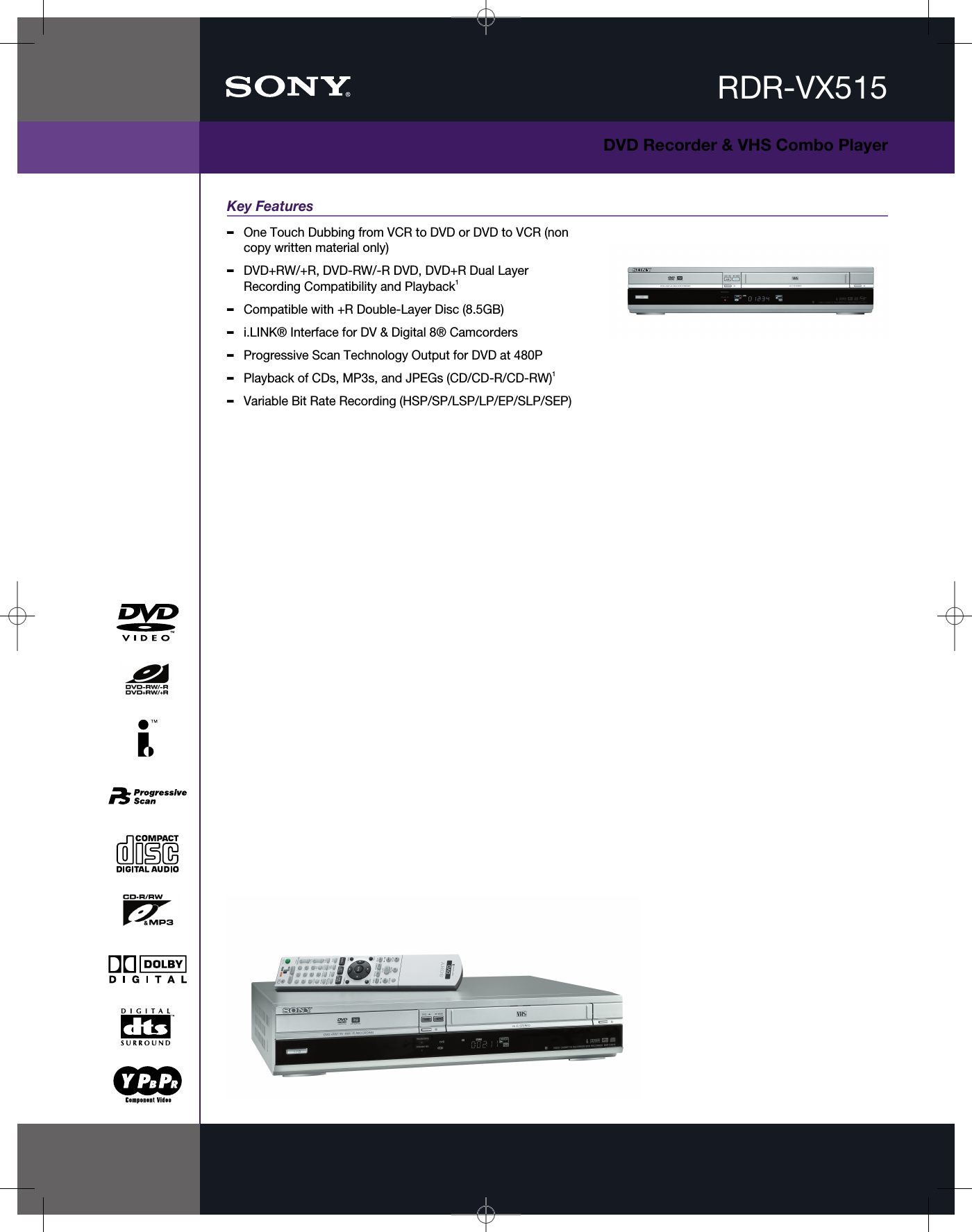 Page 1 of 2 - Sony RDR-VX515 User Manual Marketing Specifications RDRVX515 Mksp