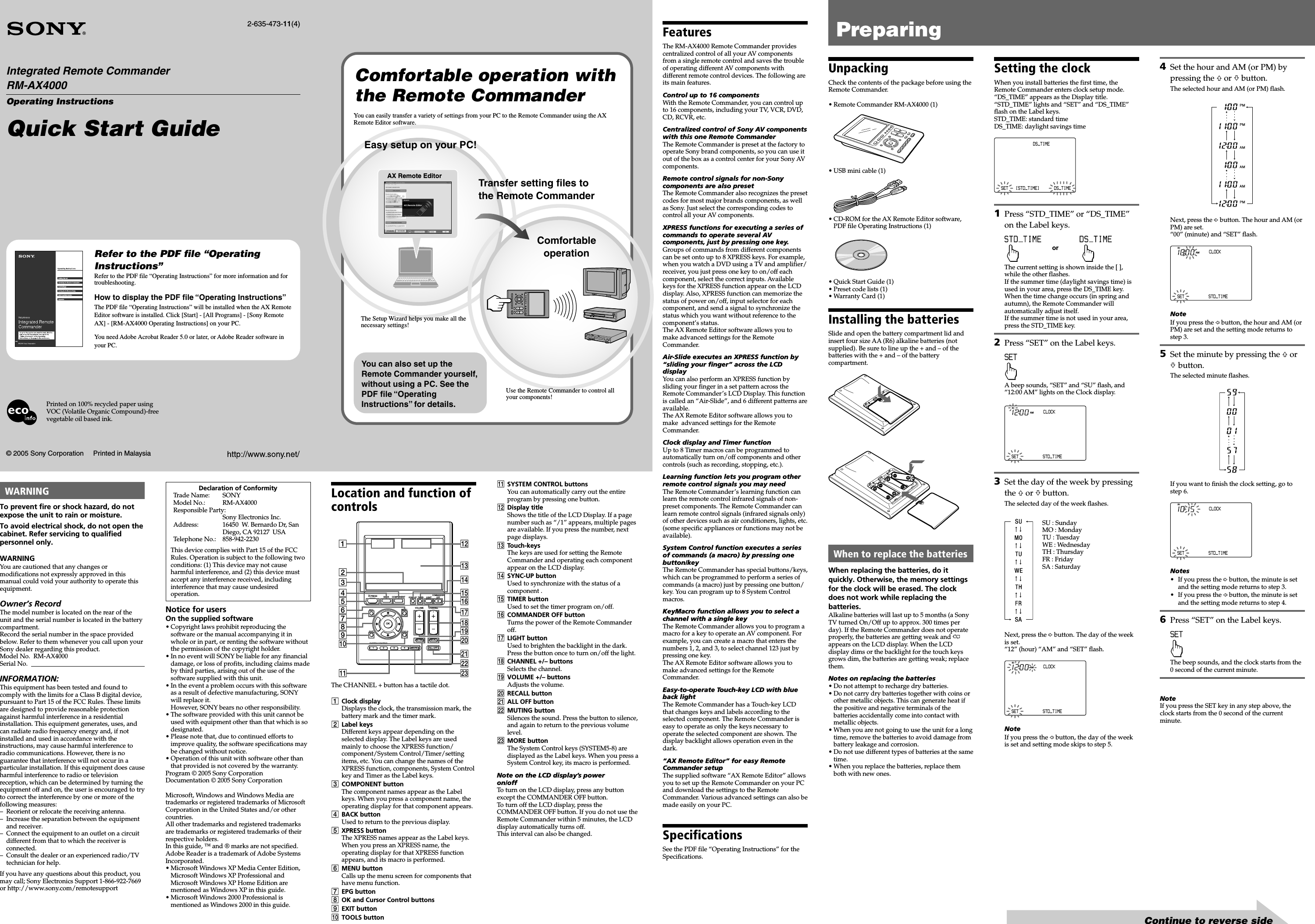 Page 1 of 2 - Sony RM-AX4000 User Manual Quick Start Guide RMAX4000Flyer Supplement