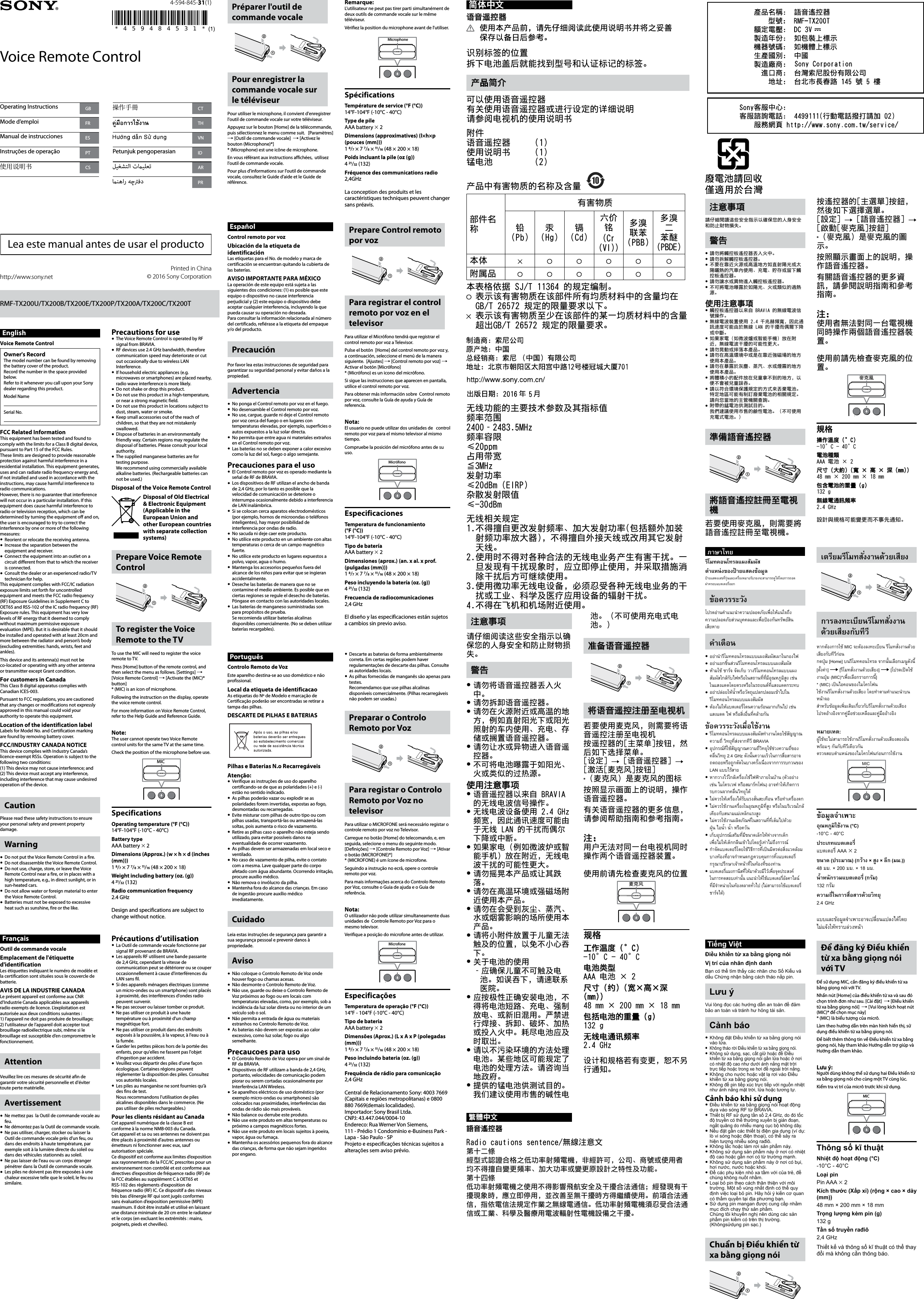 Page 1 of 2 - Sony RMF-TX200U User Manual Operating Instructions 4594845311