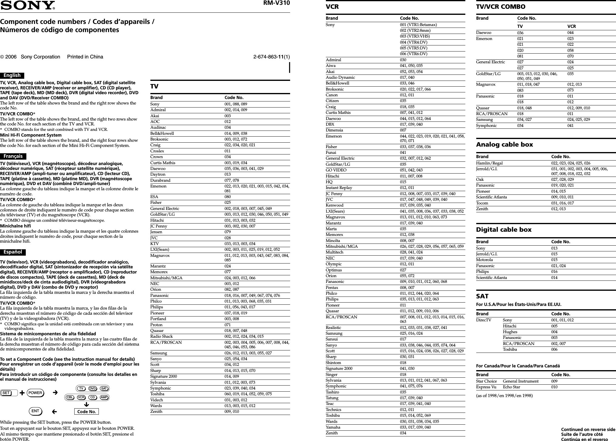 Page 1 of 2 - Sony RM-V310 User Manual Component Code Numbers RMV310 Codes