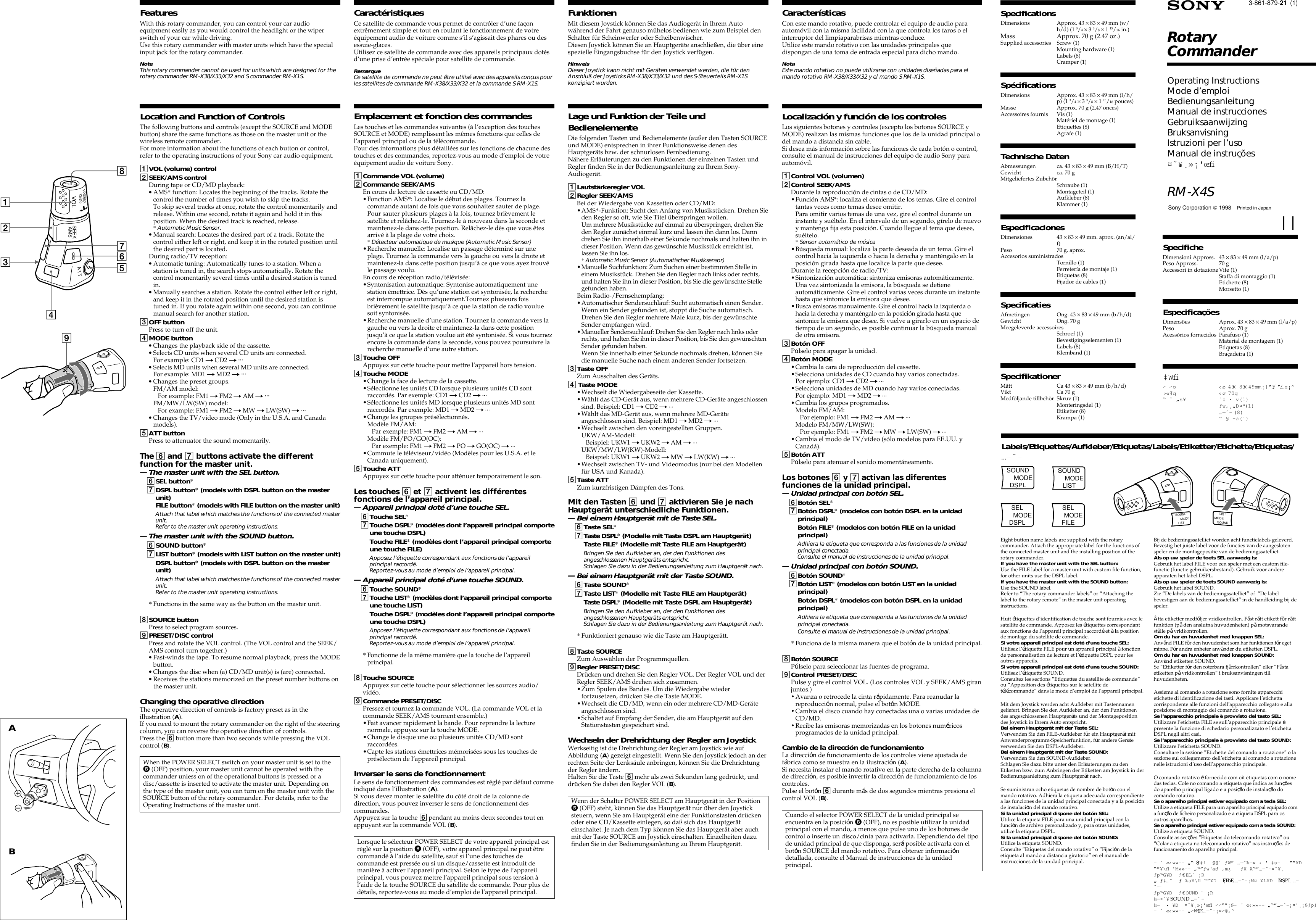 Page 1 of 2 - Sony RM-X4S User Manual Operating Instructions (primary Manual) RMX4S