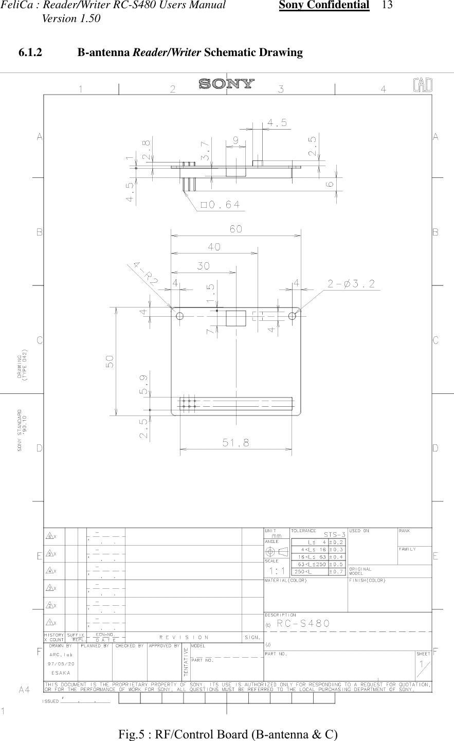 FeliCa : Reader/Writer RC-S480 Users Manual                  Sony Confidential    13              Version 1.50 6.1.2 B-antenna Reader/Writer Schematic DrawingFig.5 : RF/Control Board (B-antenna &amp; C)