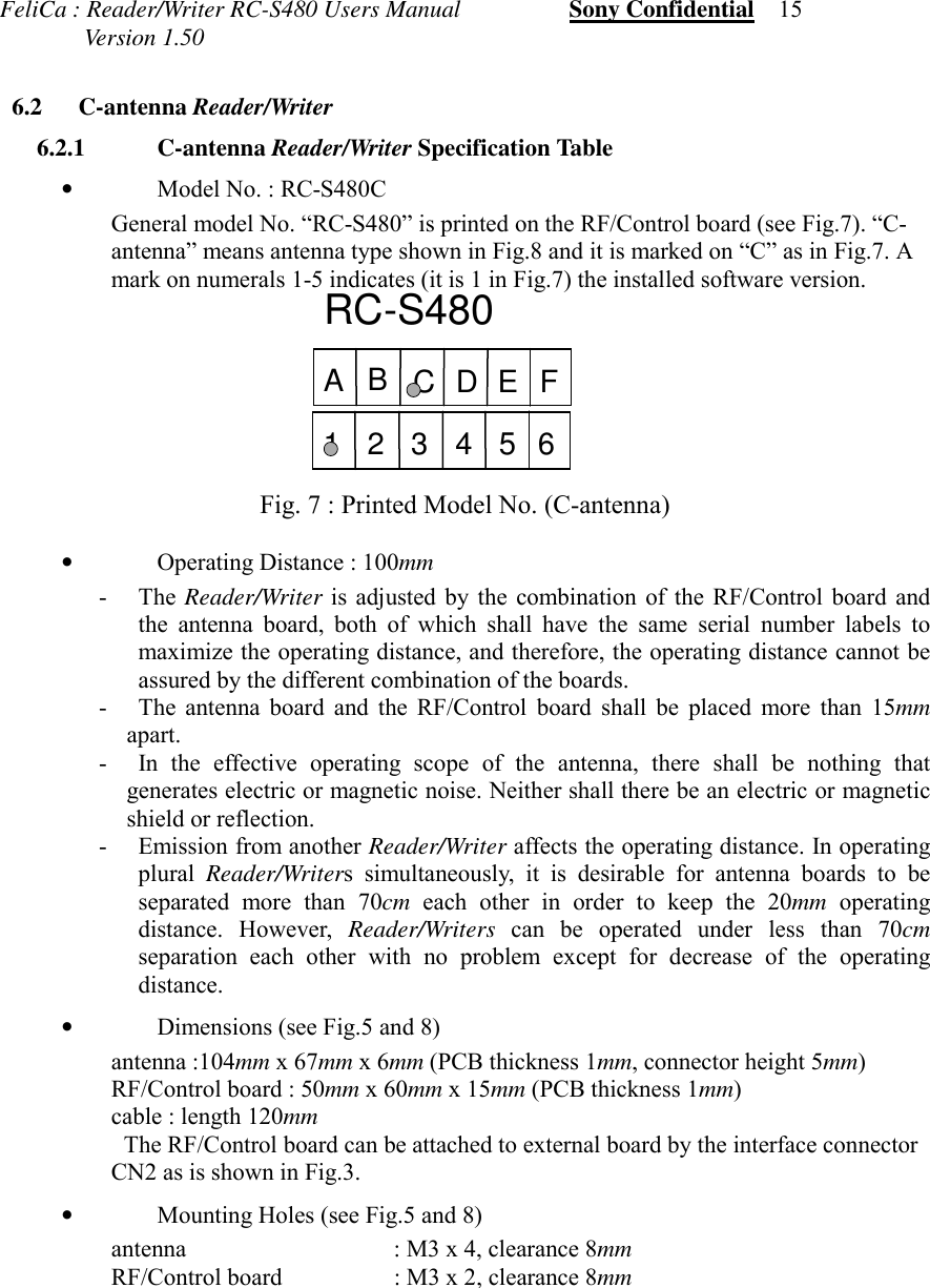 FeliCa : Reader/Writer RC-S480 Users Manual                  Sony Confidential    15              Version 1.50 6.2 C-antenna Reader/Writer 6.2.1 C-antenna Reader/Writer Specification Table&bull;Model No. : RC-S480CGeneral model No. &ldquo;RC-S480&rdquo; is printed on the RF/Control board (see Fig.7). &ldquo;C-antenna&rdquo; means antenna type shown in Fig.8 and it is marked on &ldquo;C&rdquo; as in Fig.7. Amark on numerals 1-5 indicates (it is 1 in Fig.7) the installed software version.Fig. 7 : Printed Model No. (C-antenna)&bull;Operating Distance : 100mm- The Reader/Writer is adjusted by the combination of the RF/Control board andthe antenna board, both of which shall have the same serial number labels tomaximize the operating distance, and therefore, the operating distance cannot beassured by the different combination of the boards.- The antenna board and the RF/Control board shall be placed more than 15mmapart.- In the effective operating scope of the antenna, there shall be nothing thatgenerates electric or magnetic noise. Neither shall there be an electric or magneticshield or reflection.- Emission from another Reader/Writer affects the operating distance. In operatingplural  Reader/Writers simultaneously, it is desirable for antenna boards to beseparated more than 70cm each other in order to keep the 20mm operatingdistance. However, Reader/Writers can be operated under less than 70cmseparation each other with no problem except for decrease of the operatingdistance.&bull;Dimensions (see Fig.5 and 8) antenna :104mm x 67mm x 6mm (PCB thickness 1mm, connector height 5mm) RF/Control board : 50mm x 60mm x 15mm (PCB thickness 1mm) cable : length 120mmThe RF/Control board can be attached to external board by the interface connectorCN2 as is shown in Fig.3.&bull;Mounting Holes (see Fig.5 and 8) antenna  : M3 x 4, clearance 8mm RF/Control board : M3 x 2, clearance 8mmRC-S480ABDCEF123456