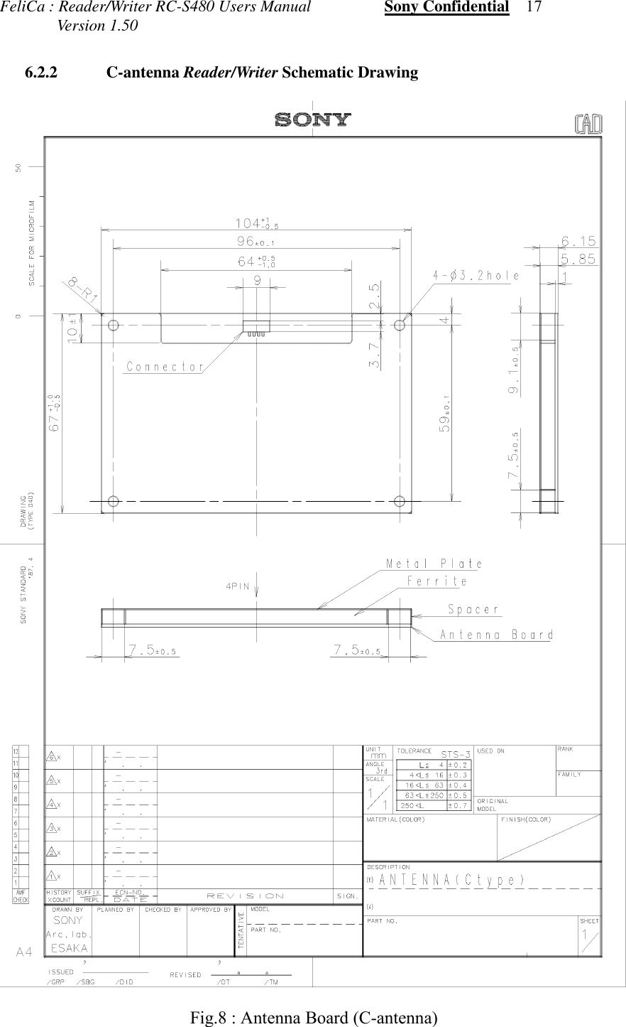 FeliCa : Reader/Writer RC-S480 Users Manual                  Sony Confidential    17              Version 1.50 6.2.2 C-antenna Reader/Writer Schematic DrawingFig.8 : Antenna Board (C-antenna)