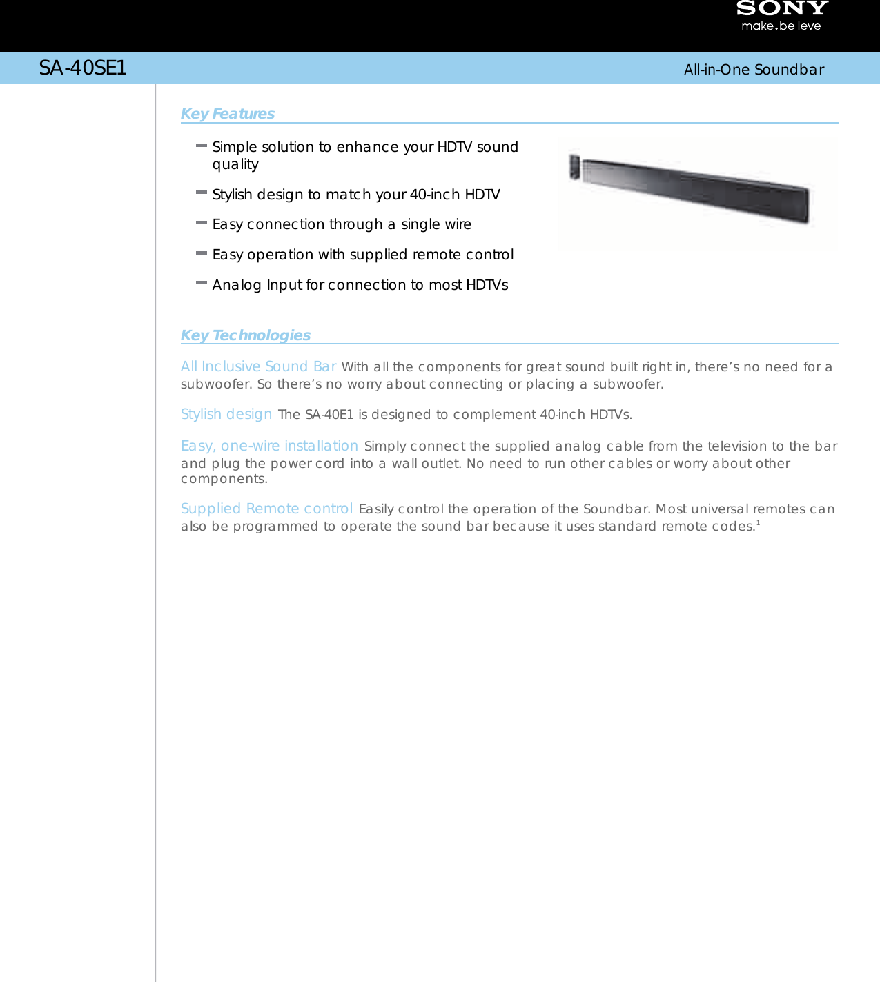 Page 1 of 2 - Sony SA-40SE1 User Manual Marketing Specifications SA40SE1 Mksp
