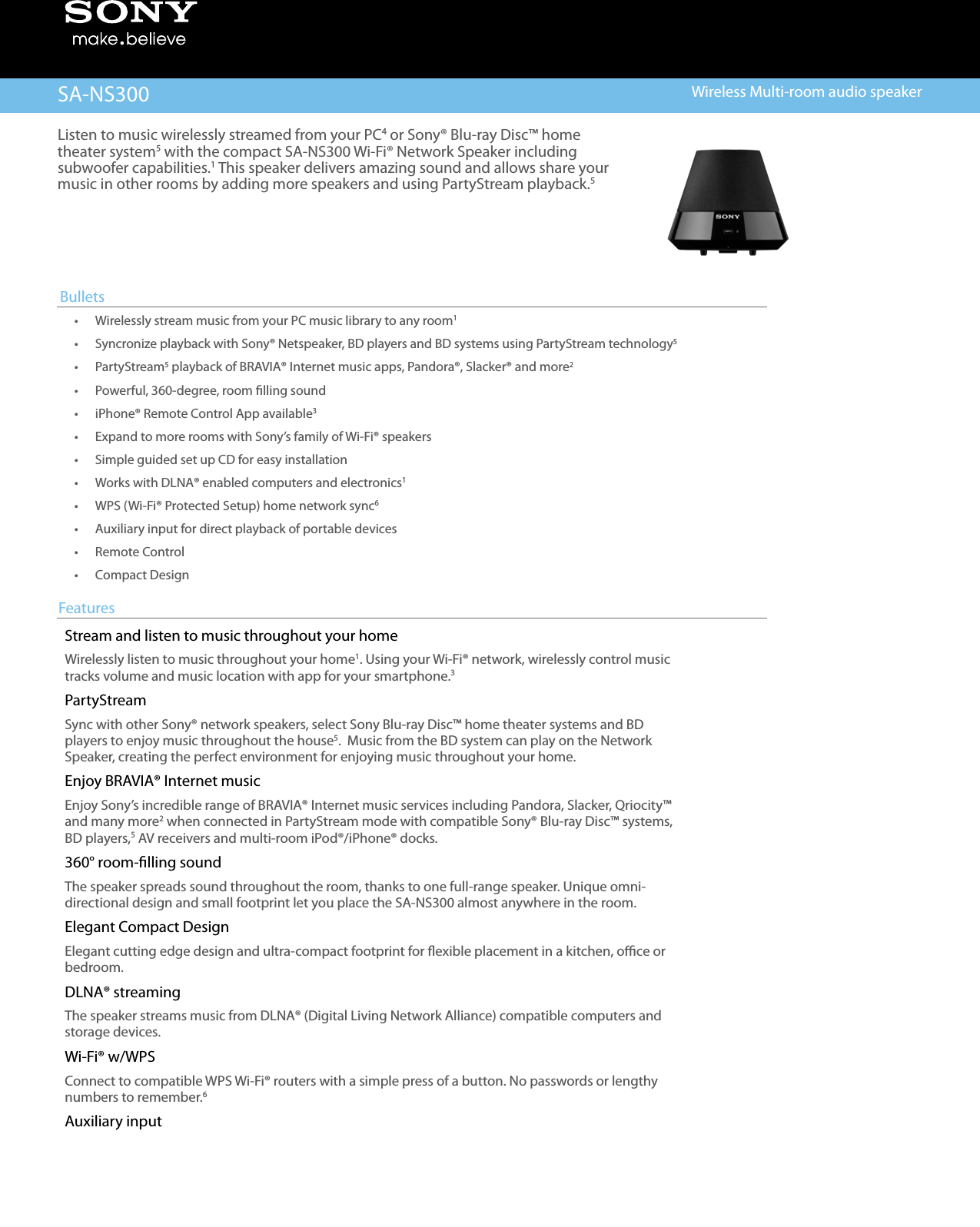 Page 1 of 4 - Sony SA-NS300 User Manual Marketing Specifications SANS300 Mksp