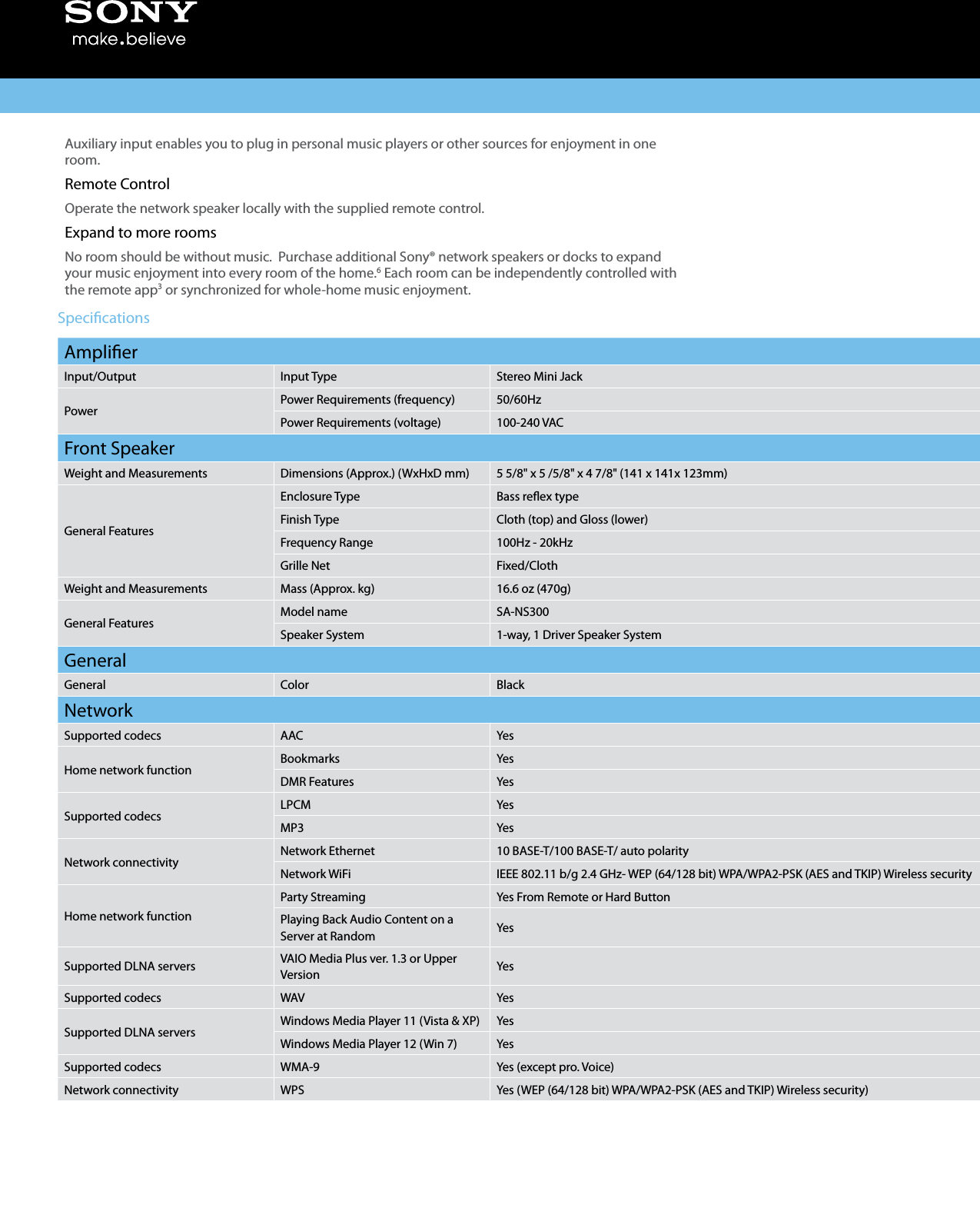 Page 2 of 4 - Sony SA-NS300 User Manual Marketing Specifications SANS300 Mksp