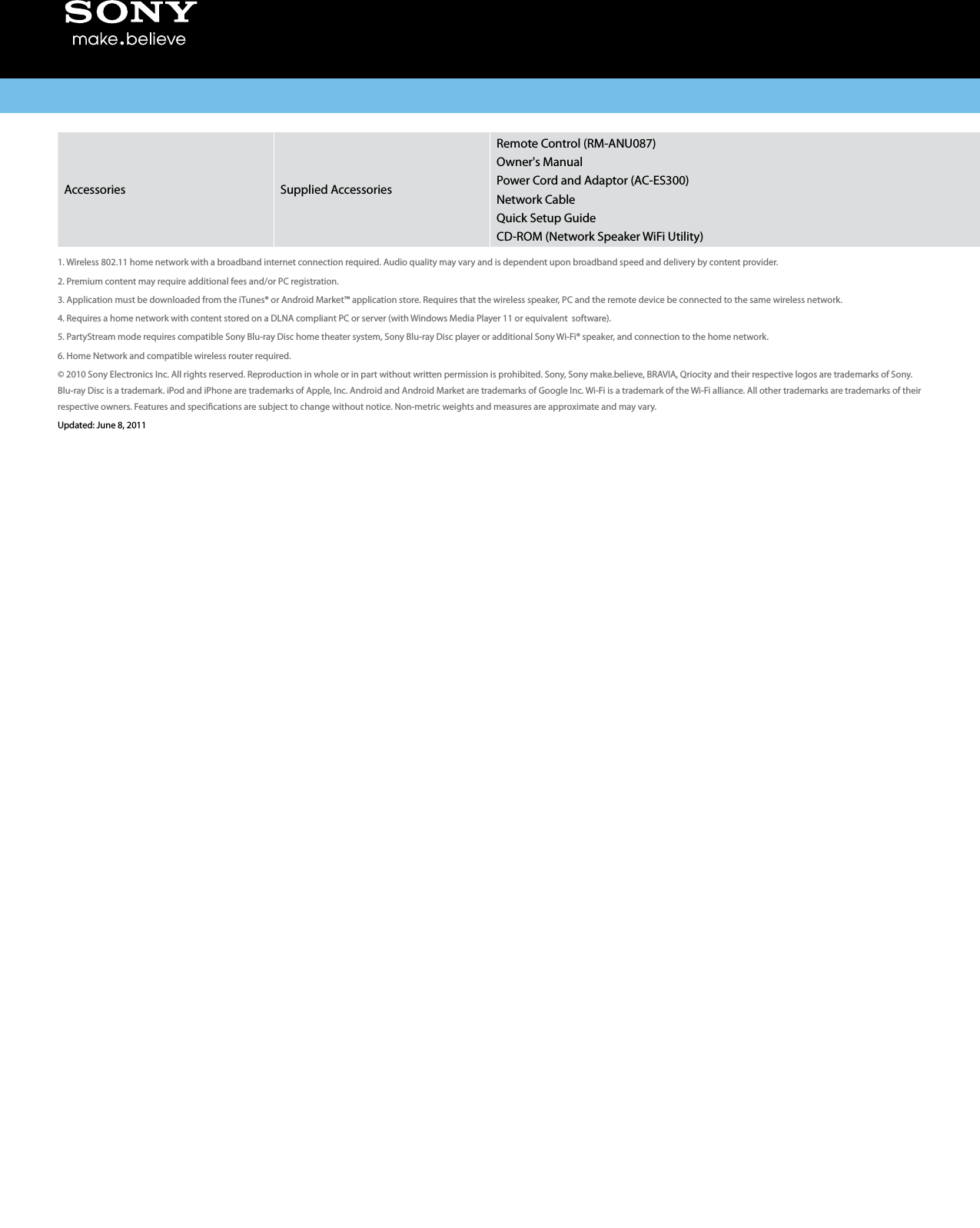 Page 4 of 4 - Sony SA-NS300 User Manual Marketing Specifications SANS300 Mksp