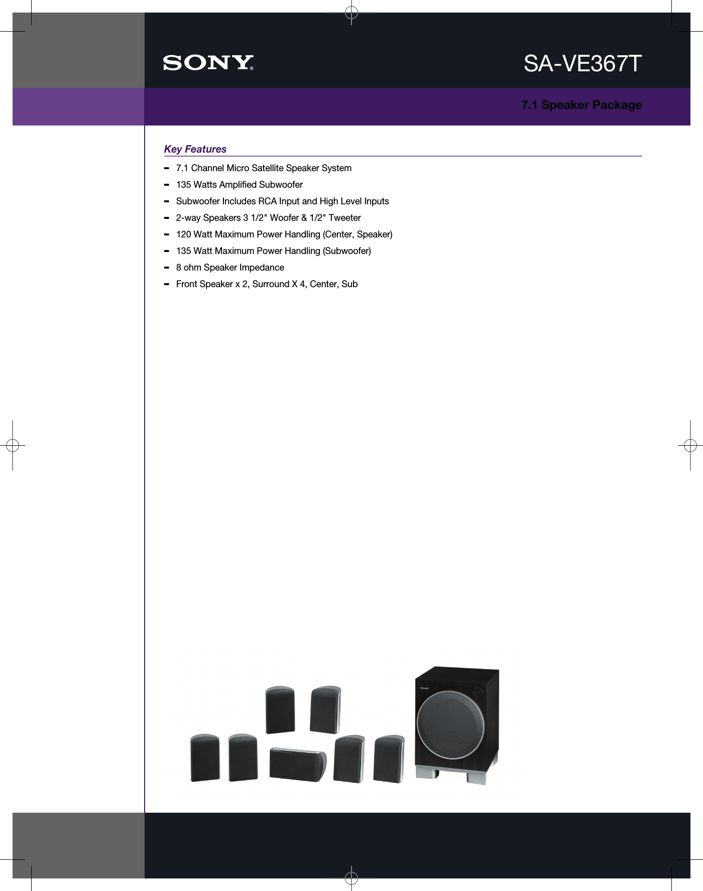 Page 1 of 2 - Sony SA-VE367T User Manual Marketing Specifications Specs