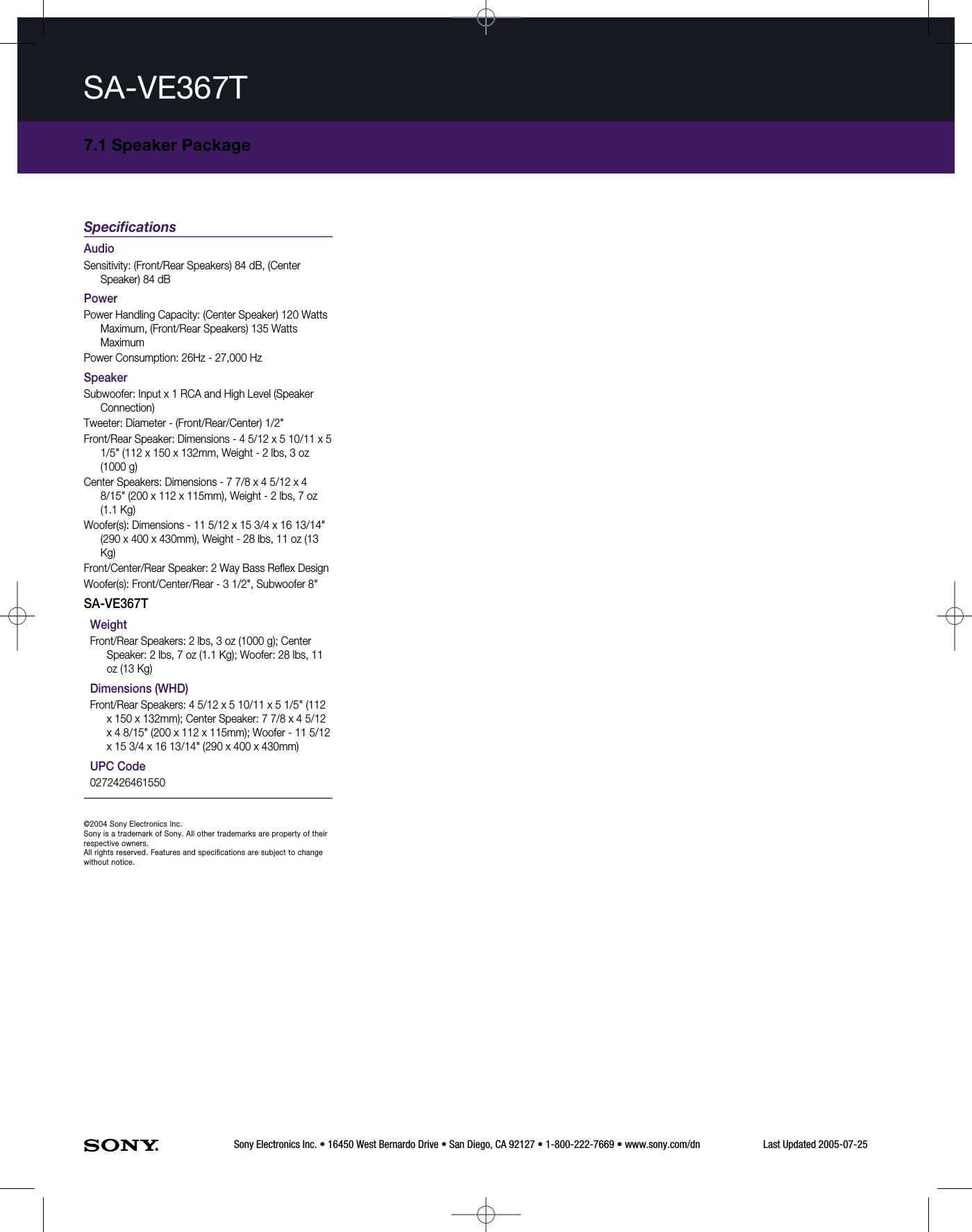 Page 2 of 2 - Sony SA-VE367T User Manual Marketing Specifications Specs