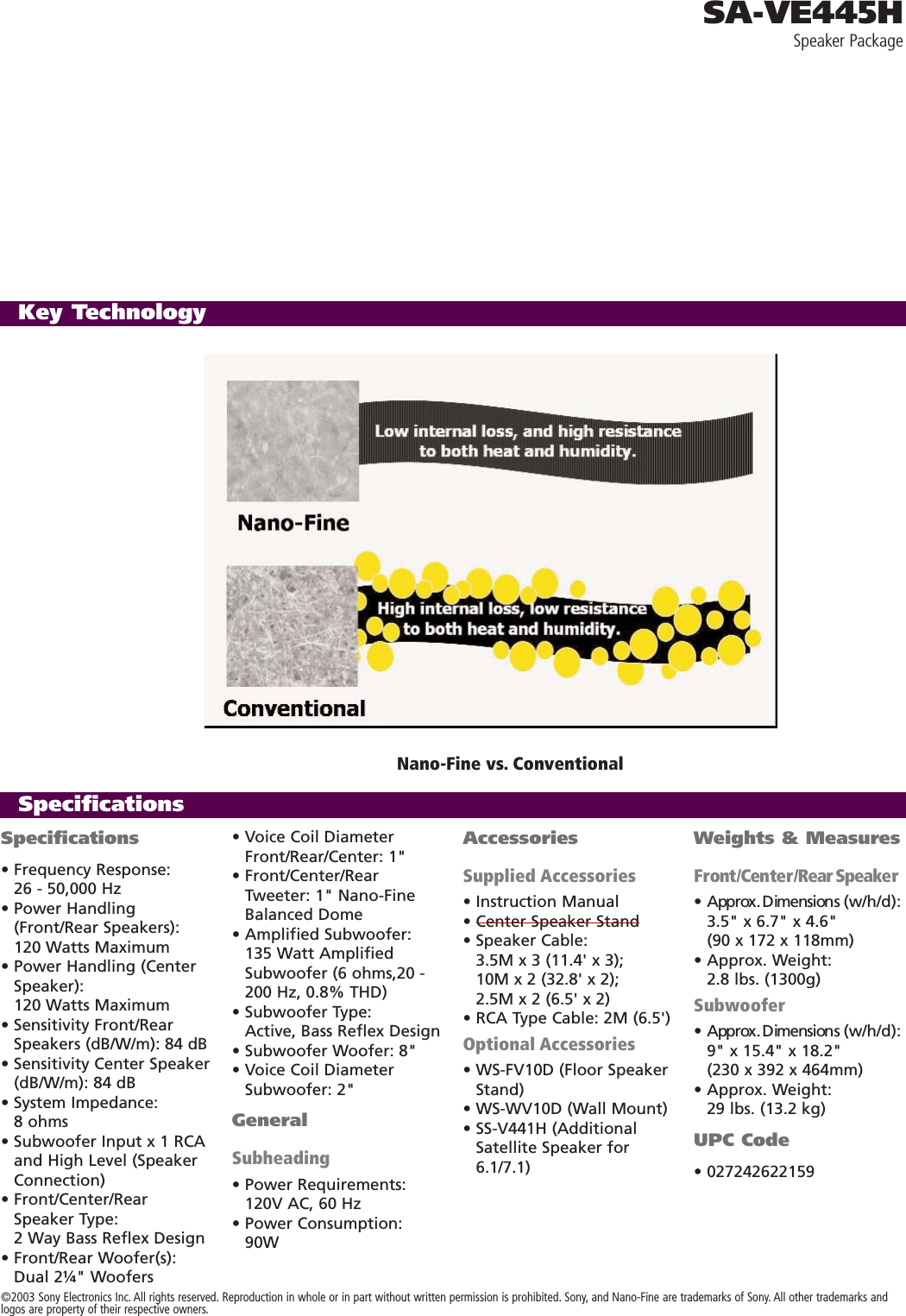 Page 2 of 2 - Sony SA-VE445H Speakers User Manual Marketing Specifications SAVE445Hrevision Spec