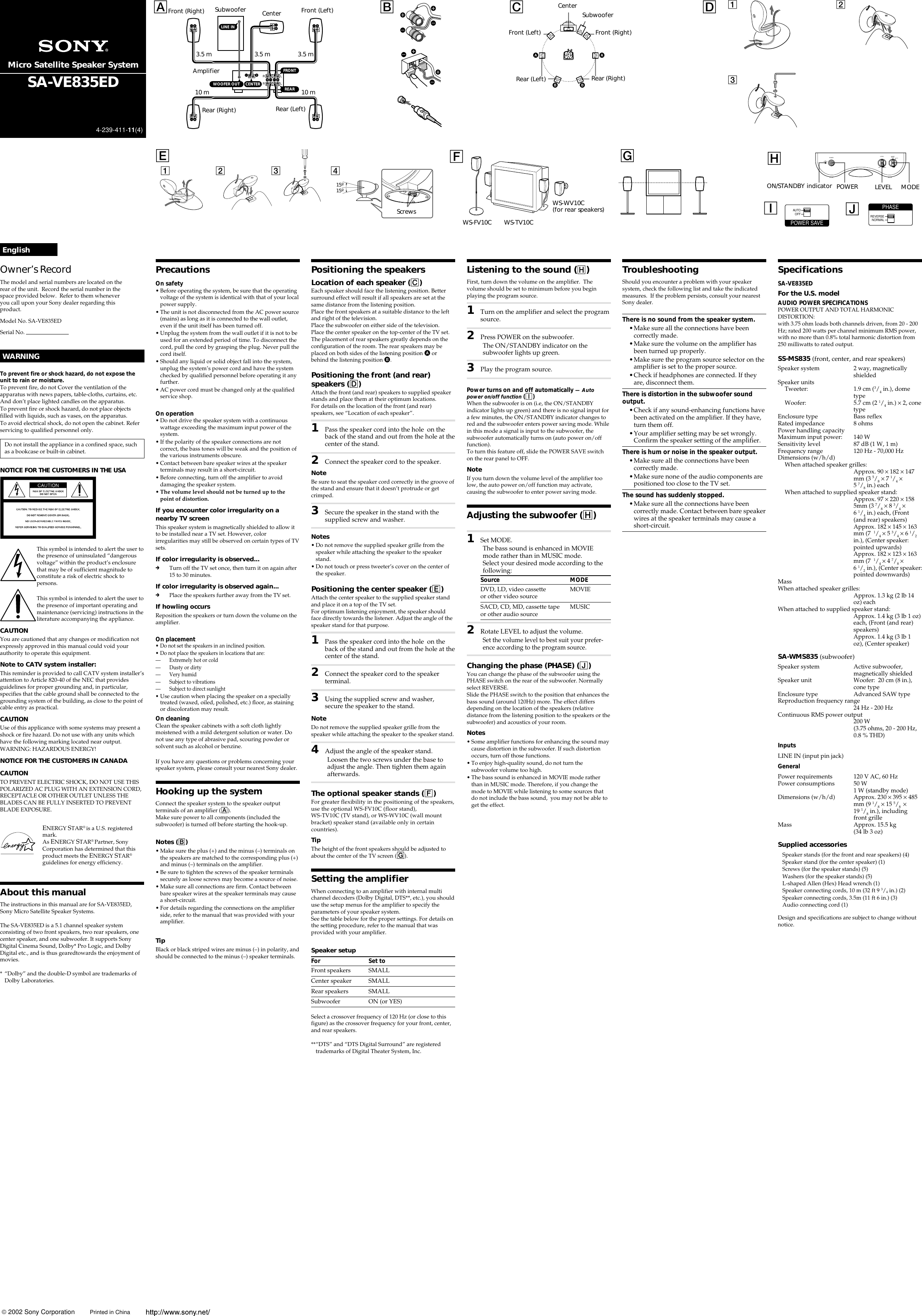 Page 1 of 2 - Sony SA-VE835ED Primary User Manual SAVE835ED
