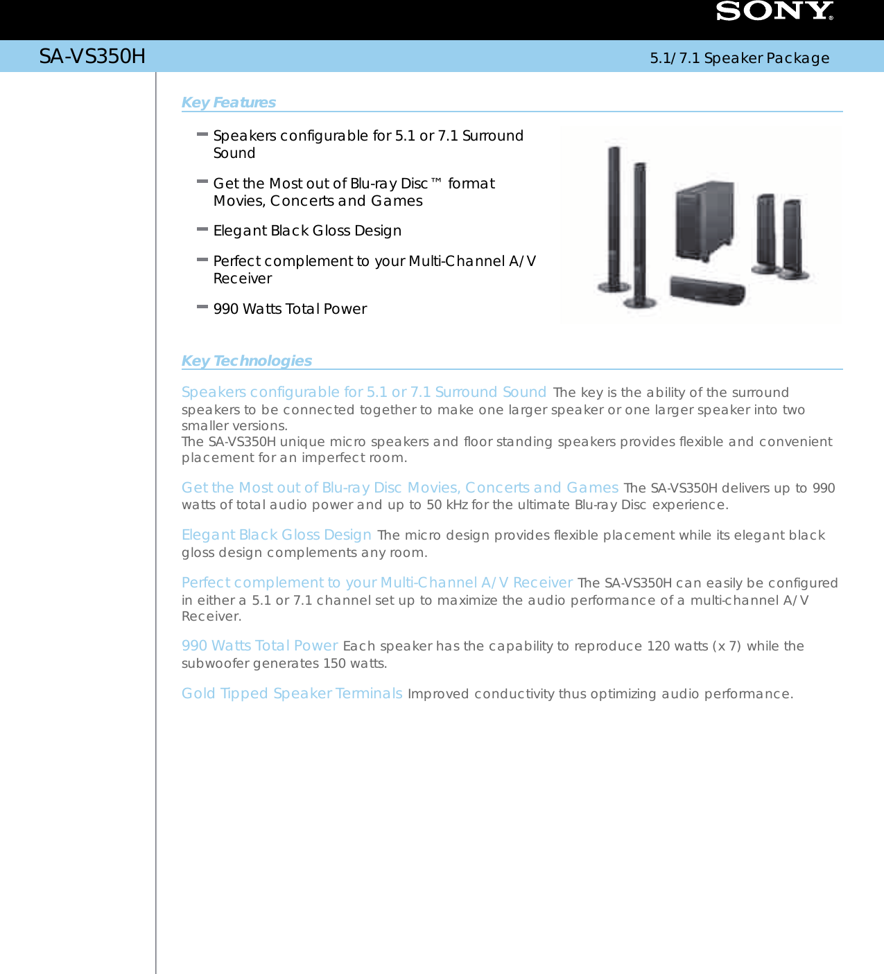 Page 1 of 2 - Sony SA-VS350H User Manual Marketing Specifications SAVS350H Mksp